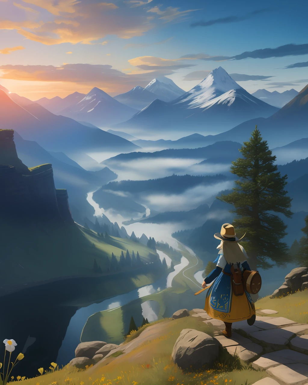 Artistic Style: Imagine a picturesque landscape in the artistic style of Zelda: Breath of the Wild, with harmonious color blends and soft edges.

Lone Traveler: A figure walks with tranquility down a winding road, dressed in wanderer's attire, wearing a wide-brimmed hat that shields their face.

Vast Green Field: A large, breathtaking green field stretches as far as the eye can see, adorned with vibrant wildflowers of various colors swaying gently in the breeze.

Quaint Constructions: Amidst the green field, find a few aged stone constructions and towers, blending seamlessly with the environment and adding a touch of history.

Setting Sun: The sun gently sets on the horizon, casting a warm, golden glow over the entire scene.

Floating Clouds: Wispy, cotton-like clouds adorn the sky, reflecting the soft, warm glow of the setting sun.

Melodic Breeze: Feel the gentle breeze rustling the leaves of nearby trees, creating a soft, melodic symphony that whispers tranquility.

Dancing Leaves: Some leaves are set free by the breeze, dancing merrily in the air before settling on the ground.

Majestic Mountains: In the distance, majestic mountains rise with snow-capped peaks, adding a sense of grandeur to the scenery.

Ambient Sounds: Hear the distant birdsong and the gentle flow of water from a nearby stream, adding to the immersive experience.

Sense of Wonder: The scene captures a deep sense of peace and wonder, inviting you to escape the ordinary and immerse yourself fully in its beauty.

Harmonious Presence: The lone traveler harmonizes with the serene surroundings, becoming part of the enchanting landscape.

Immersive Experience: The combination of natural effects, peaceful ambiance, and scenic elements creates an immersive experience that draws you in.

Timeless Moment: This frozen moment in time invites you to appreciate the beauty of Zelda: Breath of the Wild's artistic world.