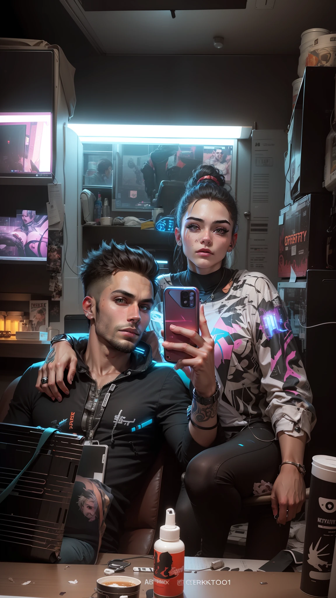 Change background cyberpunk handsome boy, cyberpunk preety girl, 8k ultra realistic face