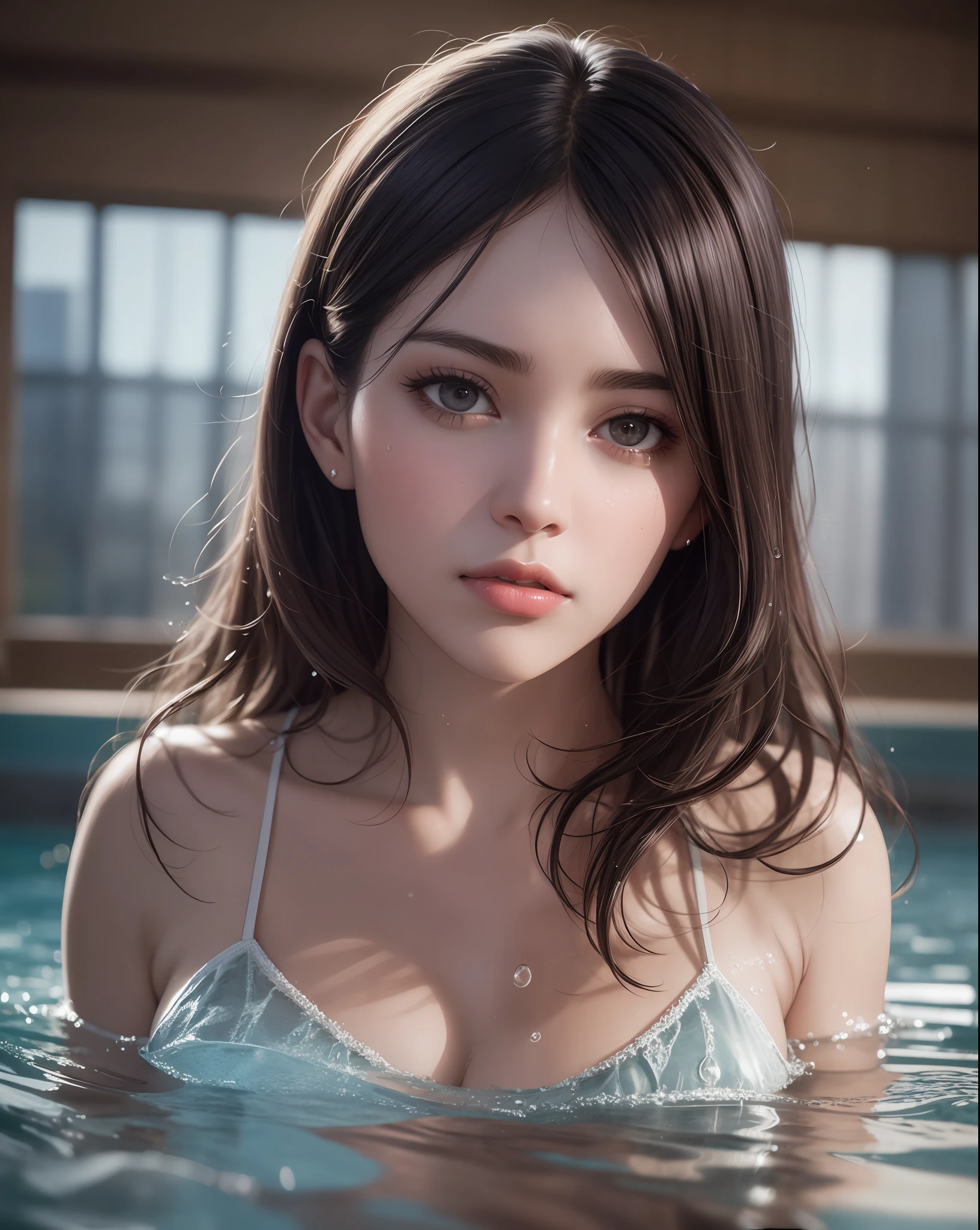 (dark shot:1.1), epic realistic, RAW, analog, A full portrait of stunning woman wearing swimsuit, alluring expression, swimming pool, clear water, wet hair, natural look, no make up, pureerosface_v1, masterpiece that captures the essence and beauty of the woman and water, ((highly detailed skin, skin details, water details)), sharp focus, volumetric fog, 8k UHD, DSLR, high quality, film grain, Fujifilm XT3, art by greg rutkowski and artgerm, soft cinematic light, adobe lightroom, photolab, hdr, intricate, highly detailed, (depth of field:1.4), faded, (neutral colors:1.2), (hdr:1.4), (muted colors:1.2), hyperdetailed, (artstation:1.4), cinematic, warm lights, dramatic light, (intricate details:1.1), complex background, (rutkowski:0.66), (teal and orange:0.4), (natural skin texture, hyperrealism, soft light, sharp)