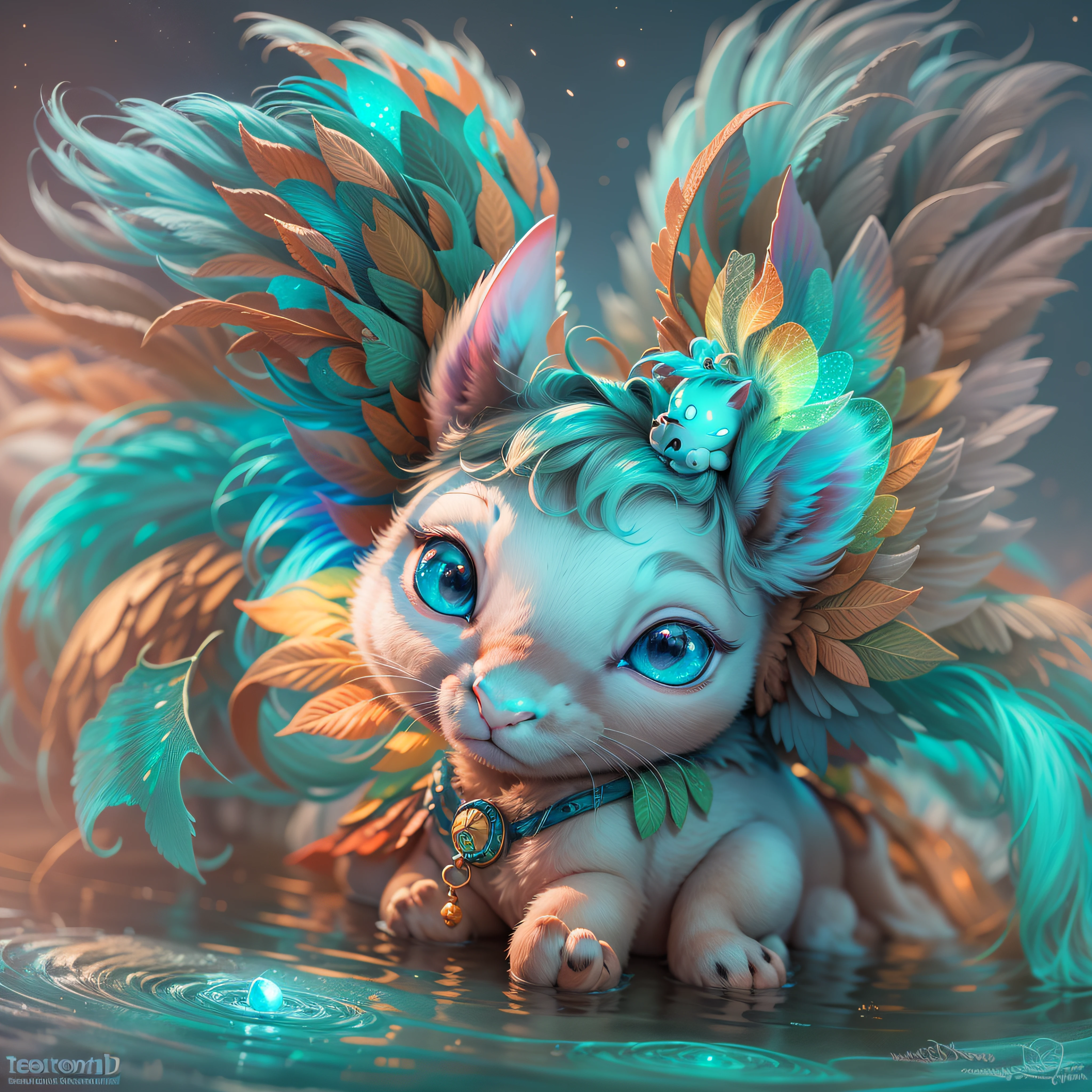 caricature, adorable cute digital 3d sleepy baby pegasus wearing teeshirt in lagoon, Aboriginal Australian, realistic art, bold colors, fantasy, rainbowcore, bioluminescence, electroluminescence