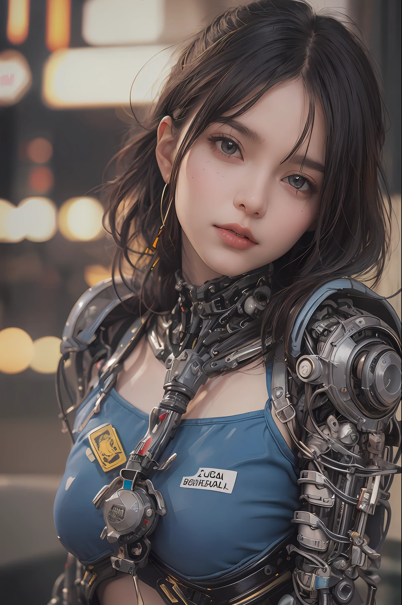 Top Quality, Masterpiece, Ultra High Resolution, (Photorealistic: 1.4), Raw Photo, 1 cyberpunk Girl, Black Hair, Glossy Skin, 1 Mechanical Girl, (Ultra Realistic Detail)), Full body, Global Illumination, Contrast, Shadows, Octane Rendering, 8K, Ultra Sharp, Cleavage Exposed, Raw Skin, Metal, Intricate Ornament Details, Japan Details, Very intricate details, realistic light, CGSoation trend, facing the camera, neon details, mechanical limbs, blood vessels connected to the tube, mechanical vertebrae attached to the back, mechanical cervical attachment to the neck, wires and cables connecting to the head, gundam, small LED lamps.