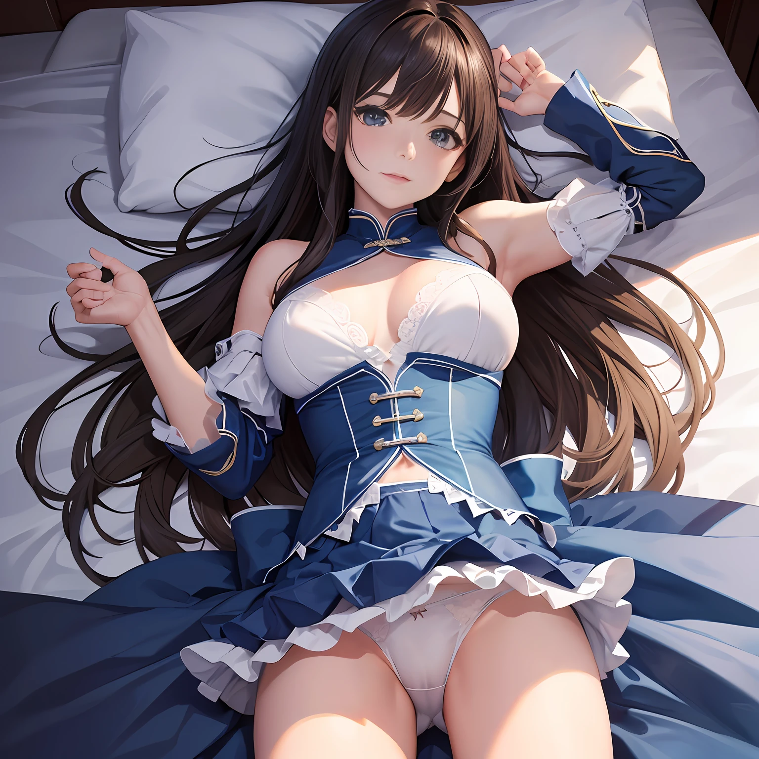 ((realistic illumination,top Quority,8K,tmasterpiece:1.3)),Clear focus:1.2,1个Giant Breast Girl,Perfect beauty:1.4,Slim abs:1.1,((long and dark brown hair,The large:1.2)),blue skirts,(exteriors,during night:1.1),delicated face,二重まぶた,Reached,(whole body lying in bed: 1.2),facing at the camera,Raise your legs high,legs are open,high high quality,tmasterpiece,超高分辨率,(realisticlying:1.4),RAW photogr,1girll,darkly,deep shading,cold light,spread their legs,Reached,blue skirts,White transparent panties,Bottom-up perspective