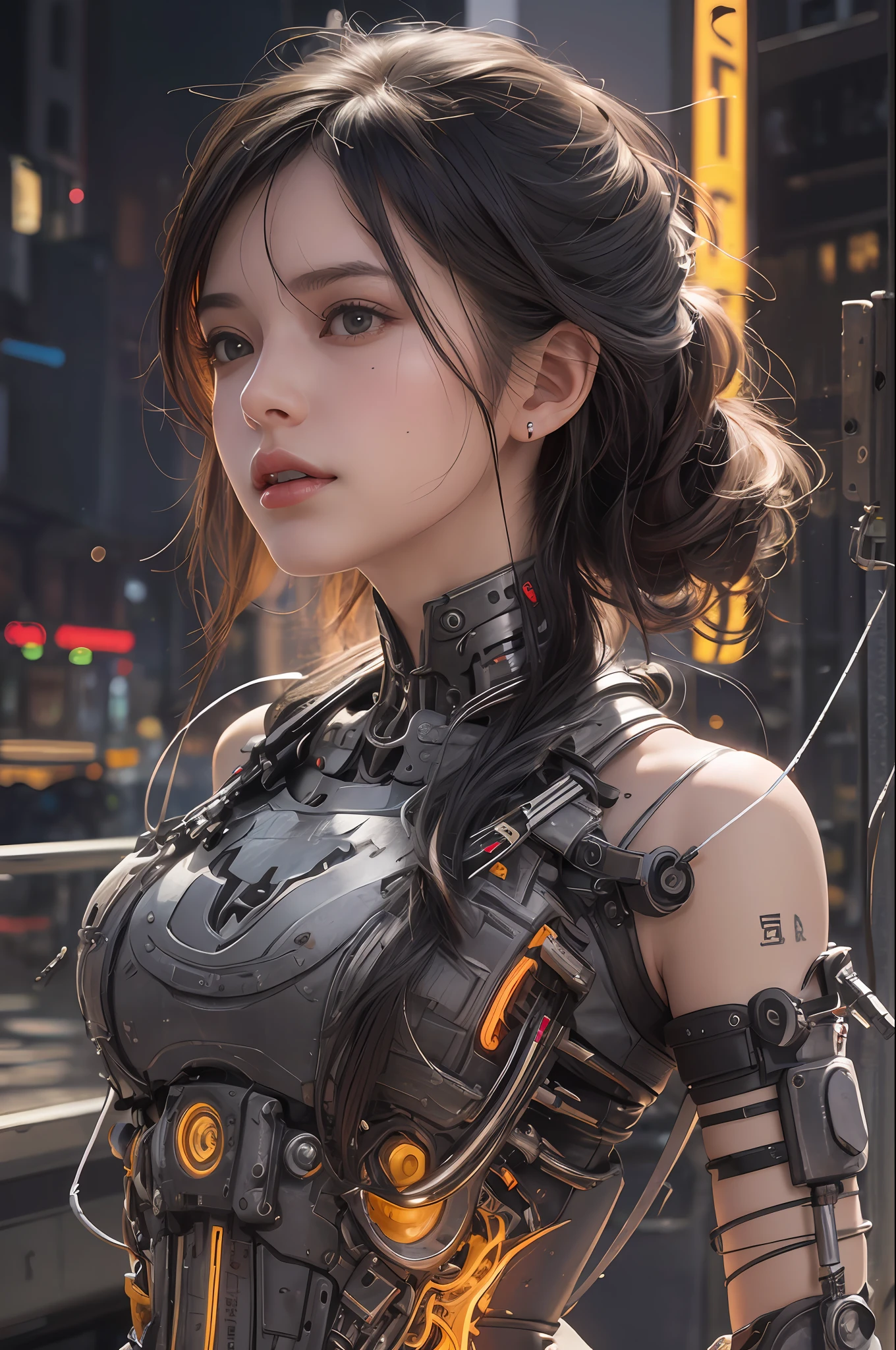Top Quality, Masterpiece, Ultra High Resolution, (Photorealistic: 1.4), Raw Photo, 1 cyberpunk Girl, Black Hair, Glossy Skin, 1 Mechanical Girl, (Ultra Realistic Detail)), Full body, Global Illumination, Contrast, Shadows, Octane Rendering, 8K, Ultra Sharp, Cleavage Exposed, Raw Skin, Metal, Intricate Ornament Details, Japan Details, Very intricate details, realistic light, CGSoation trend, facing the camera, neon details, mechanical limbs, blood vessels connected to the tube, mechanical vertebrae attached to the back, mechanical cervical attachment to the neck, wires and cables connecting to the head, gundam, small LED lamps.