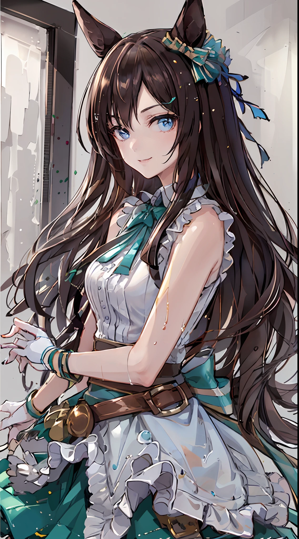 (masterpiece:1.2、top-quality)、(Beautiful Eyes of Details:1.2)、(the Extremely Detailed CG Unity 8K Wallpapers、masterpiece、top-quality、ultra-detailliert、Best Shadows)、(细致Background with)、(beautifull detailed face、beatiful detailed eyes)、highly contrast、(The best lighting、extremely delicate and beautiful)、1girl in、((Splashing colorful paint isolated on transparent background、dulux、))、dynamic ungle、beautiful detailed brilliance、full body Esbian、cowboy shot、brown haired(long)、Blue eyes、Beautiful eyes、Marl、Uma Musume、White clothes、Green skirt、Green Ribbon(Chest)、A smile、Background with(Simple highlights)、Bright background、Light and Darkness、Light shines in、天空