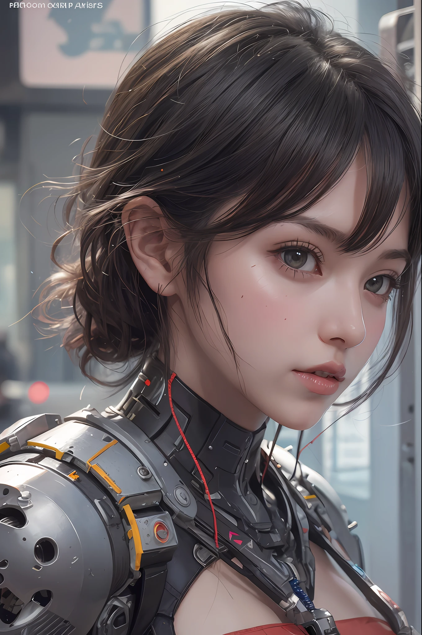 Top Quality, Masterpiece, Ultra High Resolution, (Photorealistic: 1.4), Raw Photo, 1 cyberpunk Girl, Black Hair, Glossy Skin, 1 Mechanical Girl, (Ultra Realistic Detail)), Full body, Global Illumination, Contrast, Shadows, Octane Rendering, 8K, Ultra Sharp, Cleavage Exposed, Raw Skin, Metal, Intricate Ornament Details, Japan Details, Very intricate details, realistic light, CGSoation trend, facing the camera, neon details, mechanical limbs, blood vessels connected to the tube, mechanical vertebrae attached to the back, mechanical cervical attachment to the neck, wires and cables connecting to the head, gundam, small LED lamps.