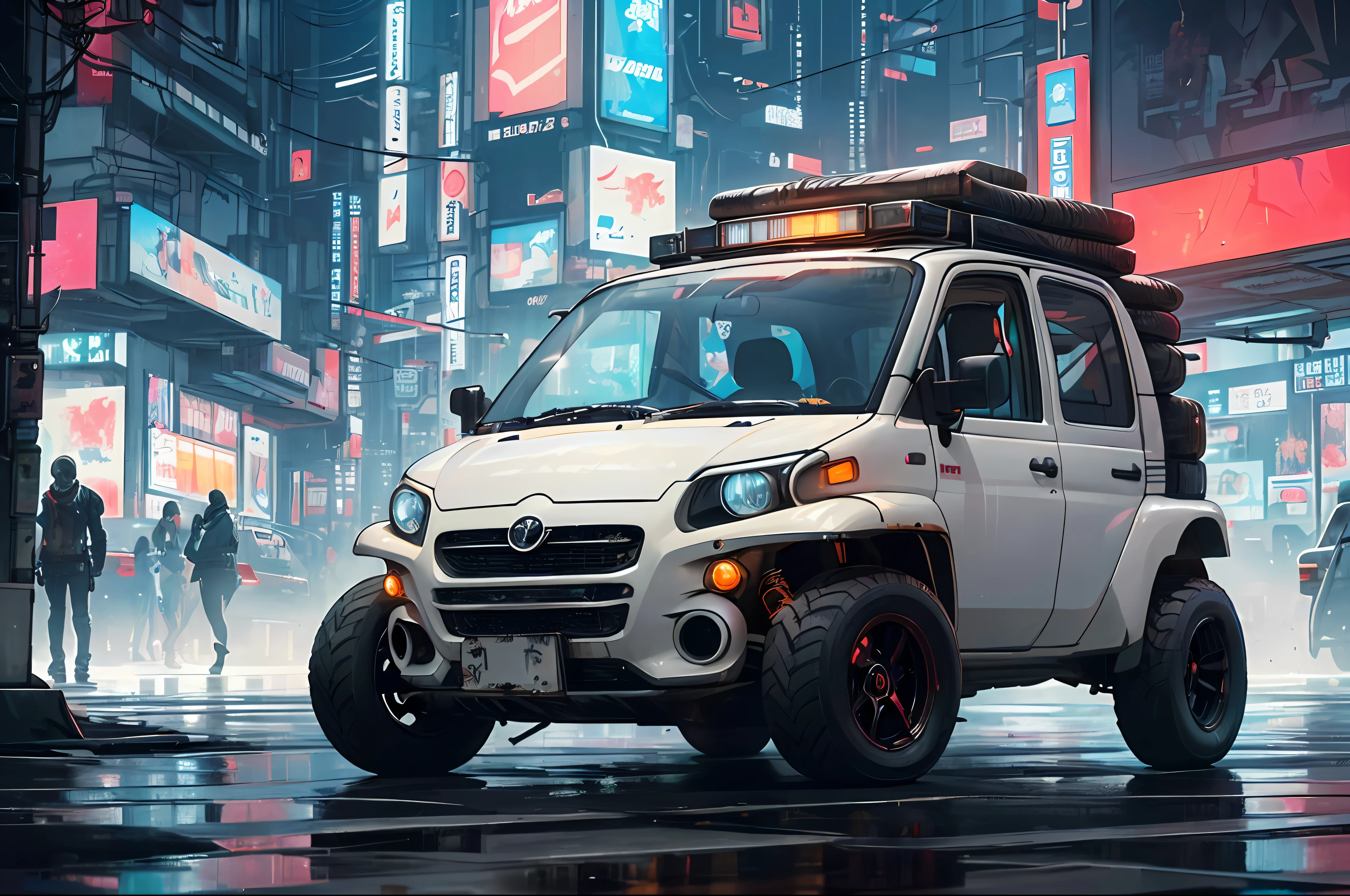 (at late night:1.3), , (detailed beautiful skin textures, detailed beautiful face, ultra detailed clothing textures), , (Cyberpunk:1.4), , (an ultra detailedfour-wheeled and long bonnet tuk-tuk with load on roof carrier and eear loading platform with luggage on it and letter-tyres), , (3/4 front view, The car is in the center of the frame), , (at parking area, at ultra detailed Night City of Cyberpunk), (All cars are classic cars with cyberpunk custumed), , (softlighting), , (masterpiece, best quality:1.4, 8k, ultra detailed, illustration, distinct_image, intricate_details, delicate illustration), (realistic:0.15),