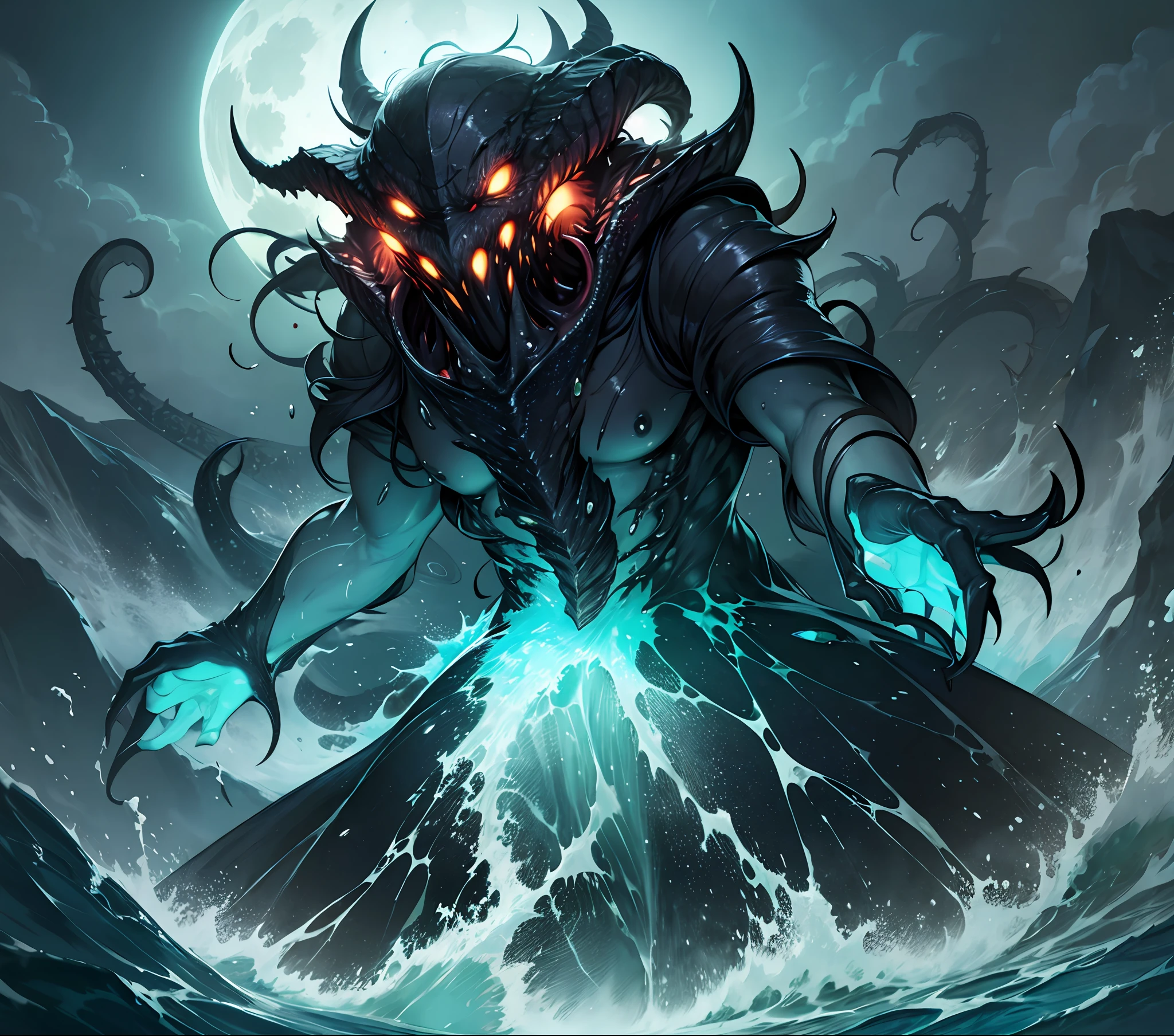 Elder god Cthulhu rises from The seas, it is partly covered in algae and filth, its eyes are glowing with an ominous Glow, The sea splashes as this Gigantic creature rises from itseternal slumber, dark ambient, lovecraftian horror, sea storm, dark Waters, full moon, tentacles, big mouth, sharp fangs, sharp long claws full character render, masterpiece