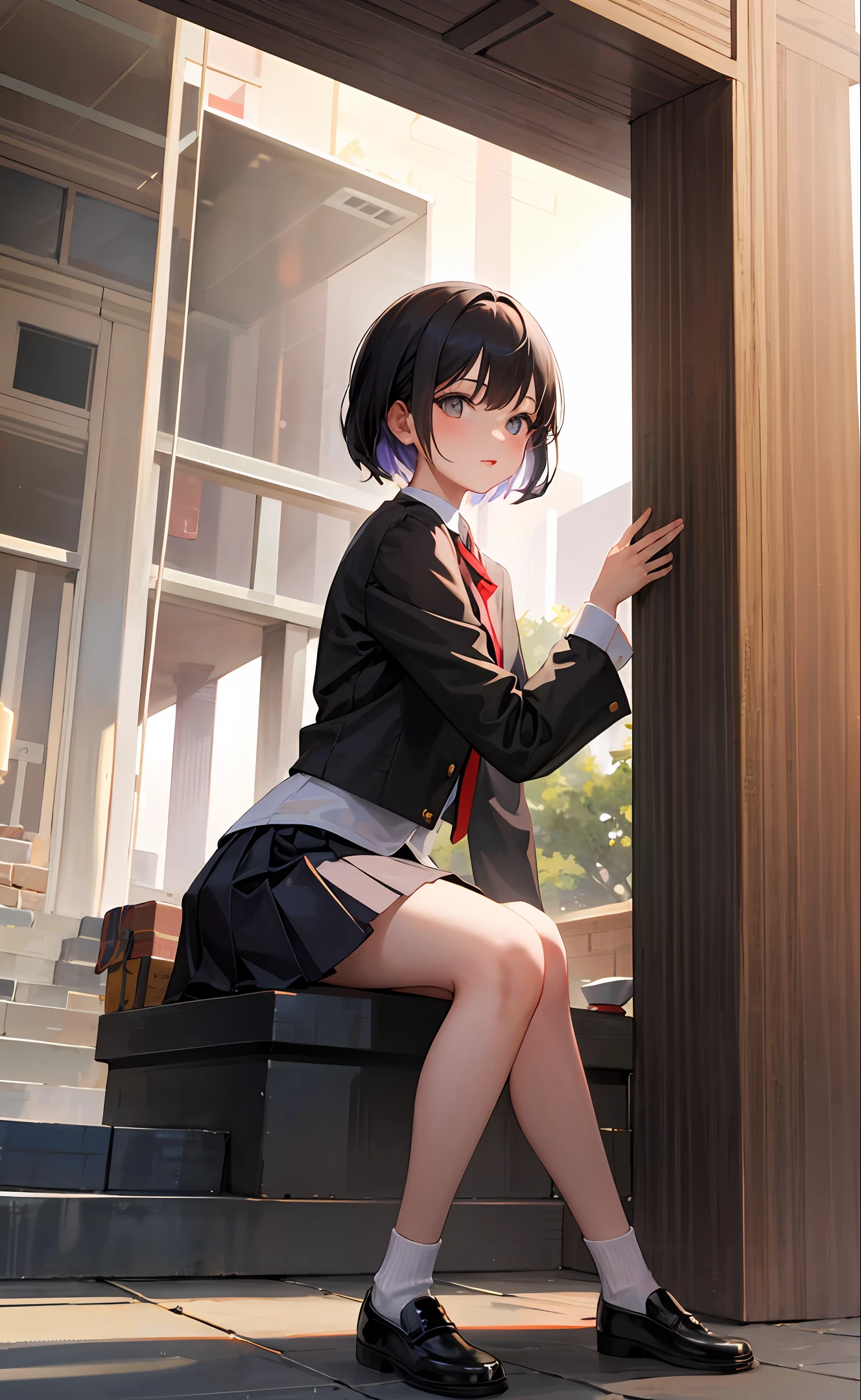 A real girl sitting in a temple is going to wear a short skirt
