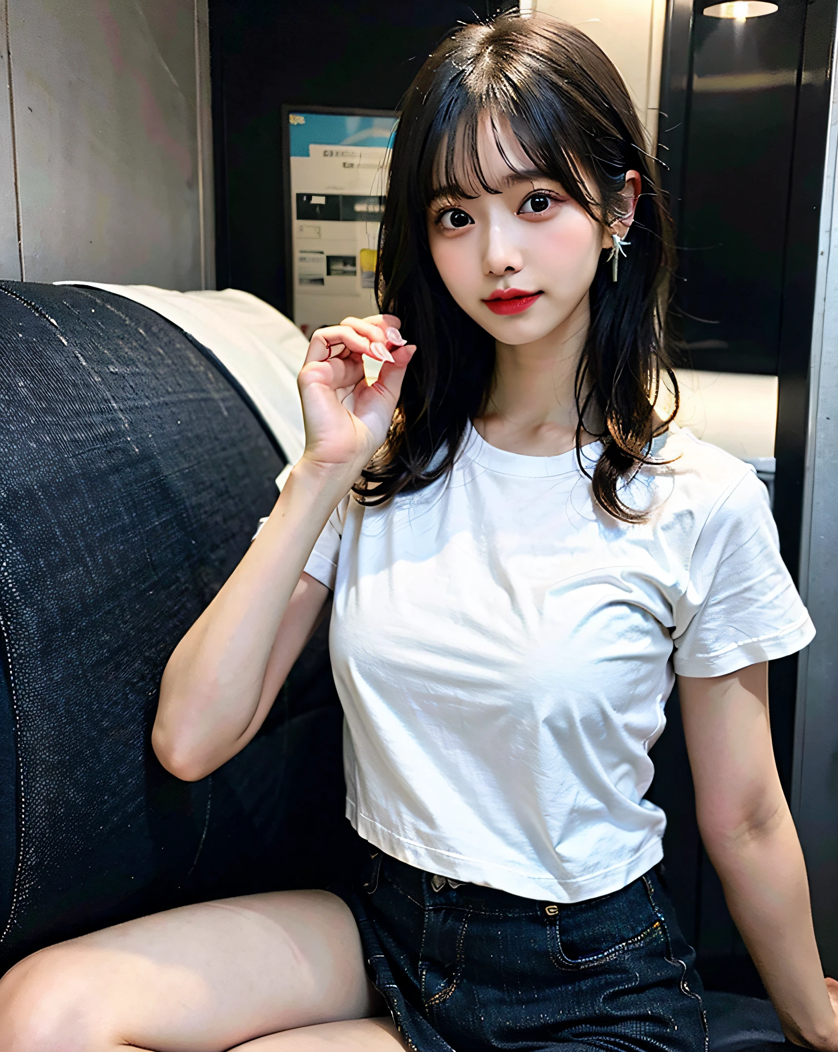 NSFW、top-quality、Hi-Res、8K、Girl 1 Mature Mature Mature Woman Person、during the day、、A dark-haired、short-cut、with light glowing、Luxury、(Medium Hair)、Beautiful earrings、(dynamicposes:0.8)、(fullllbody:1.2)、Soft breeze、shinny skin、line of sight、Bust、crotch grab、Bust、Tight black denim,red bra,Office,Upper body、(up skirt)、(White T-back:1.5)、(Open legs:1.5)