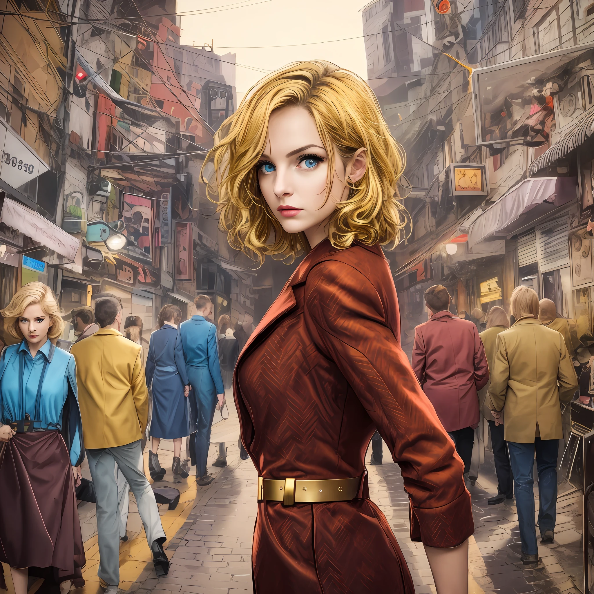 Girl in crowded street,Dark red tweed coat，golden hair，Clear and moist blue eyes，Shoot from behind，looking to the camera，dramatics， best qualtiy， Realiy， ultra-detailliert， 8K，