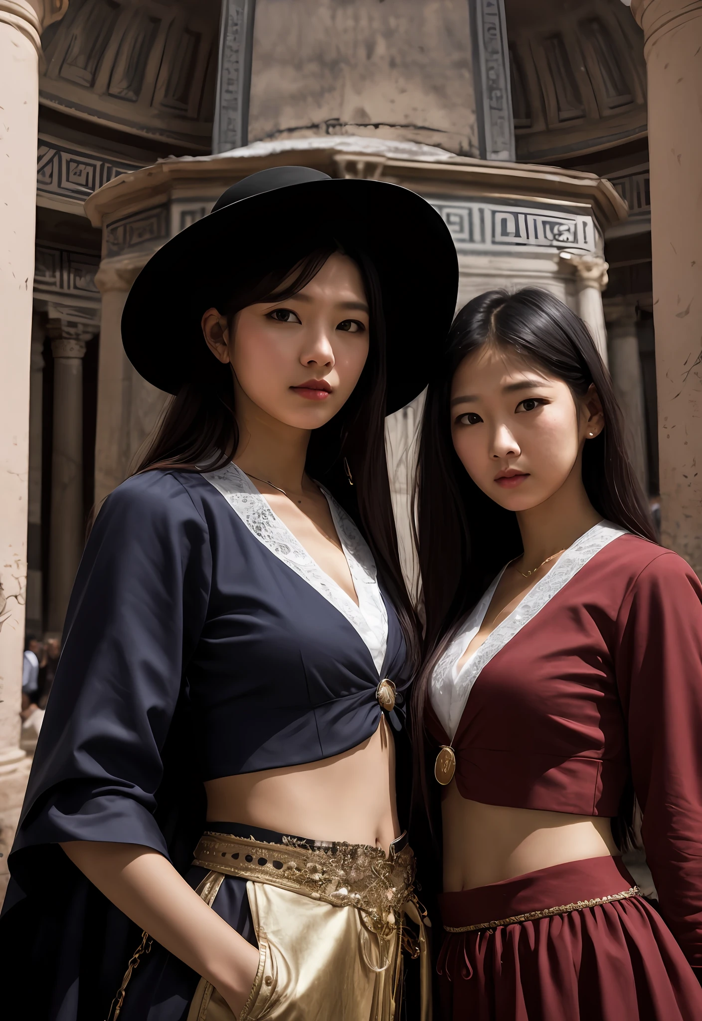 （Positive focus),2girls,duo,navel,(At the Pantheon in Rome,crowd,winter,Snowy),Surrealistic Female Portraits by David Hockney and Alphonse Mucha,Fantasy art,photograph realistic， Dynamic lighting，art  stations,poster for,Volumetriclighting,Very detailed faces,4K,Award-Awarded,Fantastic costumes,Deep shadows,low tune,cowboy lens， （official outfit：1.4）， looking at the camera in， Half-body shot，（（Realistic face））），