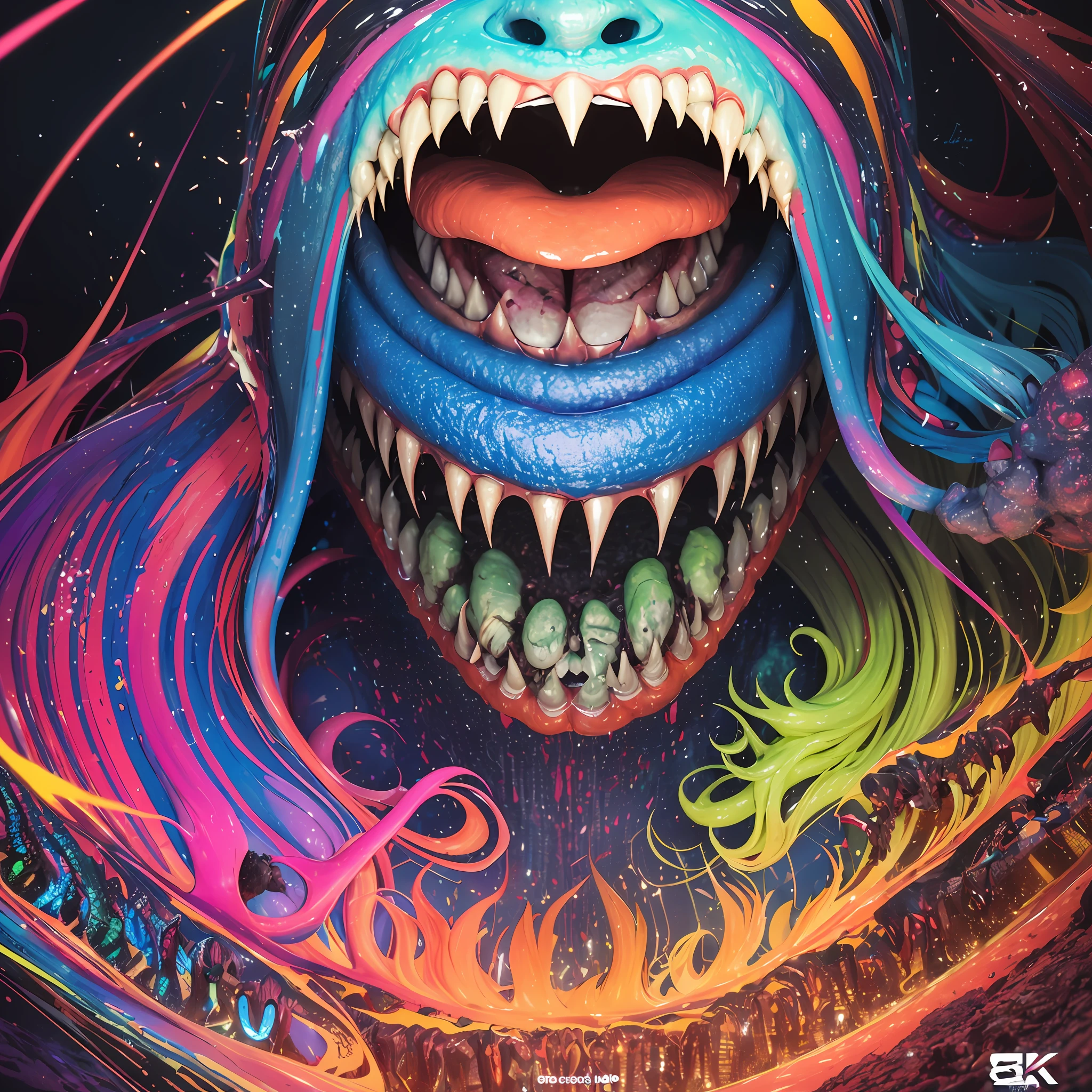 A close-up of a color painting of a large-mouthed demon, psychedelic laughing demon, Scary color art in 4 K, colorfully ominous background, psychedelic cosmic horror, hyper color digital art, bright colors highly detailed, Colorful explosions, Colorful horror art, Colorful film art, colorful illustrations, Vibrant neon ink painting, scary detailed art in color