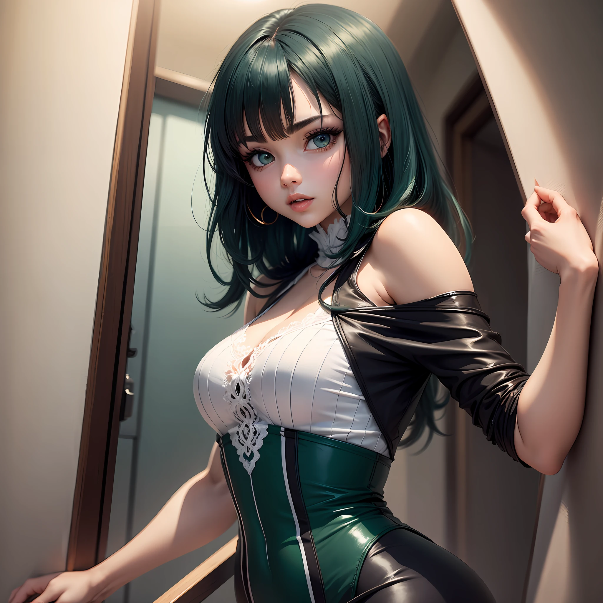 Mujer hermosa, mujer anime, pelo corto, pelo blanco, ojos verdes, vestido victoriano de colores verdes, mirada loca --auto