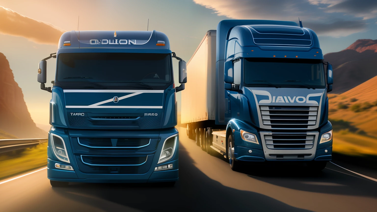 There are two trucks that are traveling along the road, Truck, Tx, photo rendering, trucks, tamanho completo, foto de retrato, crisp smooth lines, editing, Upload de alta qualidade, largura total, Directed by: Joseph Werner, artistic rendering, Flawless and clean design, Foto de capa, hiper realista ", Stephan, hiper realista", automotivo, Directed by: Edwin Georgi, Ad image, por Wayne England