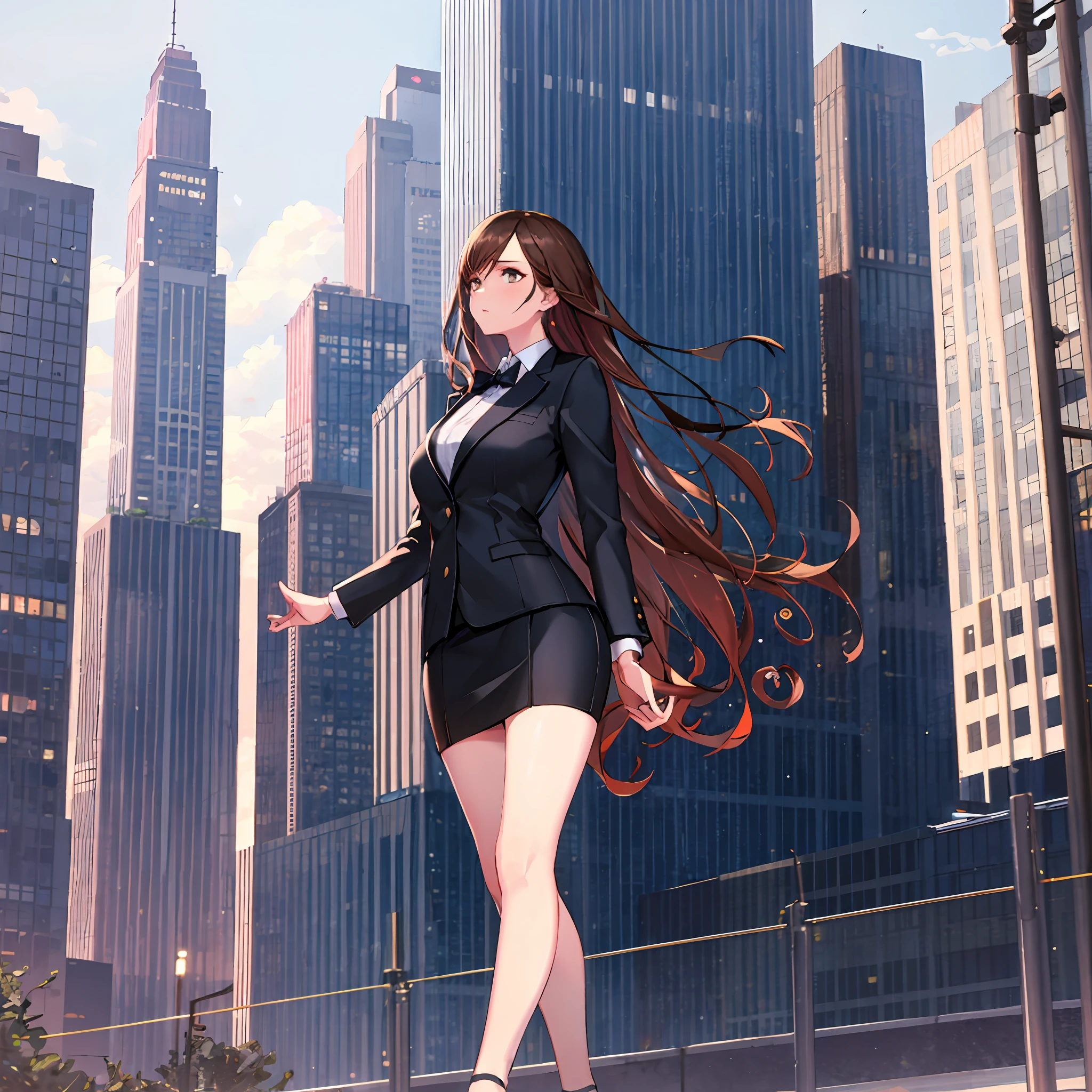 CharlotteCarmen, long hair, brown hair, curly hair, hazel eyes, woman, Entrepreneurs, skirt suit, skyscraper, urban landscape, Annie Leibovitz, business picture, confident, powerful, determined, ambitious, successful, influential, charismatic, captivating, stunning, beautiful, 10women