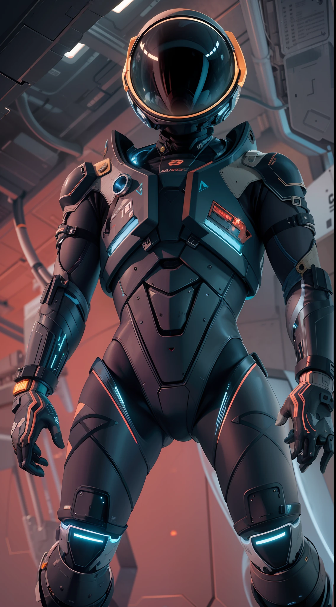 navy space suit in dark colors that has the ribs of a living being with glowing veins across the surface. The eva on its back a mixture of carapace, technology, and electronics. dramatic, best quality, real, super detailed, 8K,