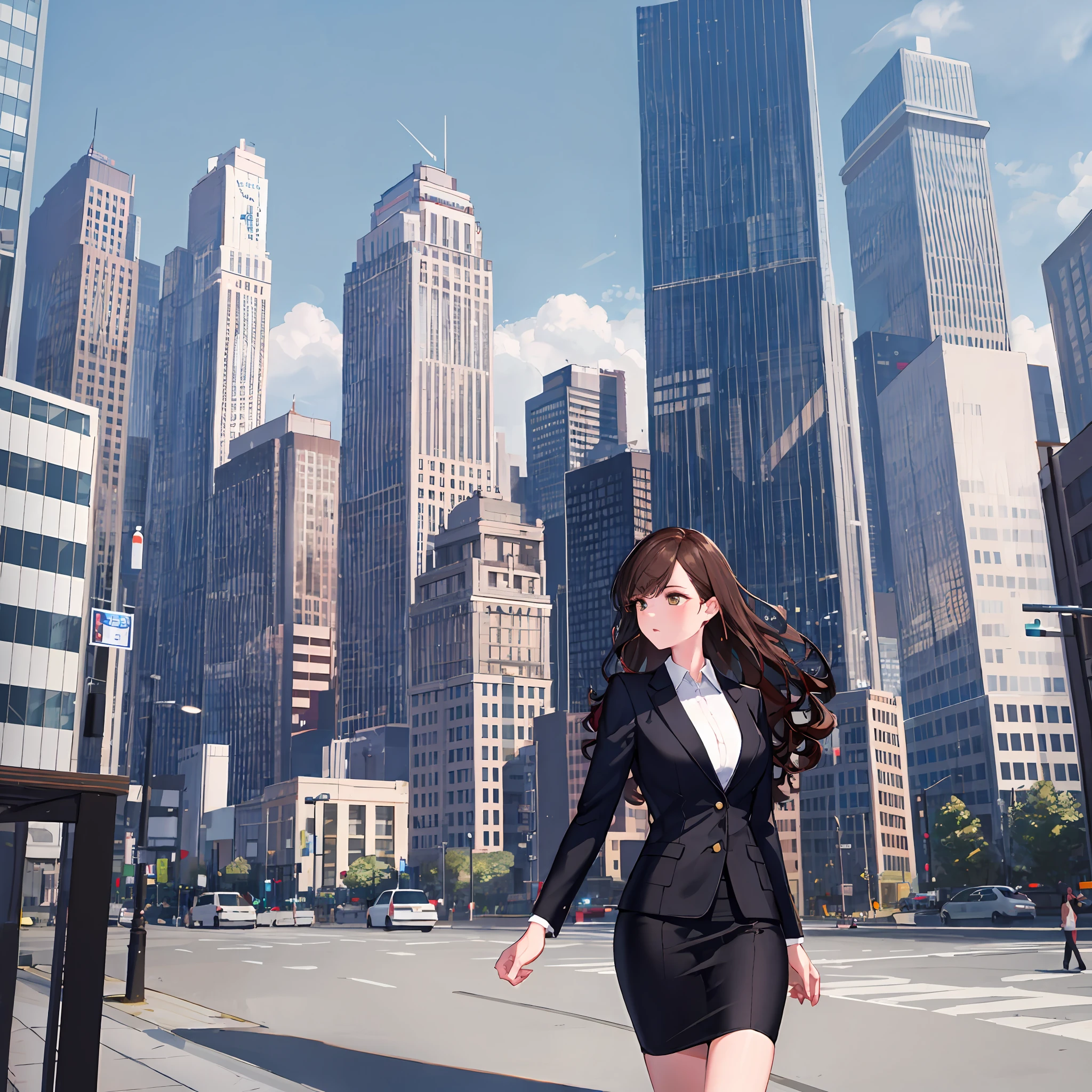 CharlotteCarmen, long hair, brown hair, curly hair, hazel eyes, woman, Entrepreneurs, skirt suit, skyscraper, urban landscape, Annie Leibovitz, business picture, confident, powerful, determined, ambitious, successful, influential, charismatic, captivating, stunning, beautiful, 10women