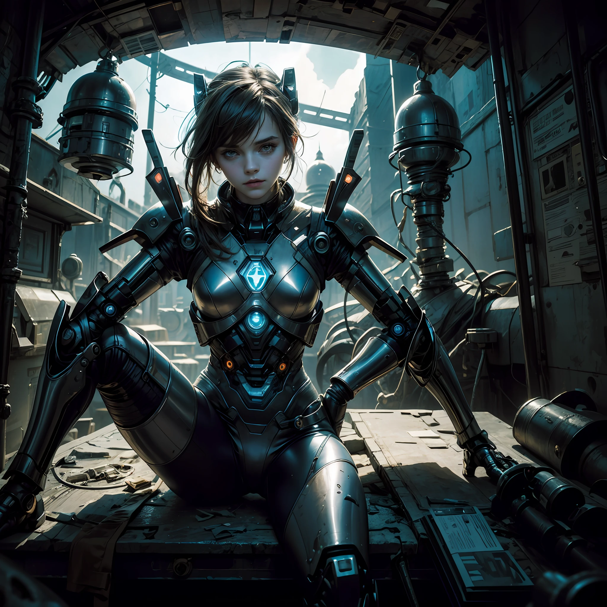 a hauntingly beautiful emma watson as a futuristic soldier girl emerges from the shadows. with a gentle smile her once vibrant and youthful features create a striking juxtaposition of ethereal beauty and technology. Her intricate suit adheres to her flesh, shiny and metallic, forms her athletic body.
She sits on the fence of a desolate space station, a sci fi world in ruins. abandoned robots lay around as grim reminders of a bygone era, their remains a backdrop to the eerie atmosphere that surrounds her. The pale light that emanates from her skin casts an otherworldly glow, evoking a sense of melancholy and otherworldly allure.