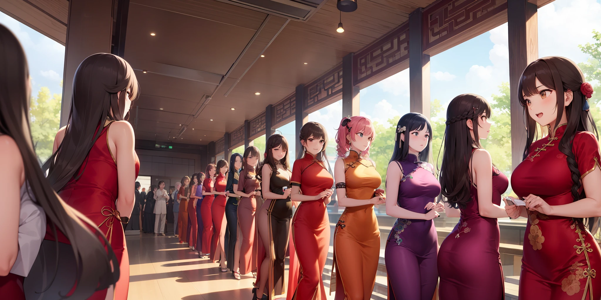 100girls,crowded, long hair, brown hair, curly hair, hazel eyes,chinese dress,sexy, rows of girls, girls standing in formation