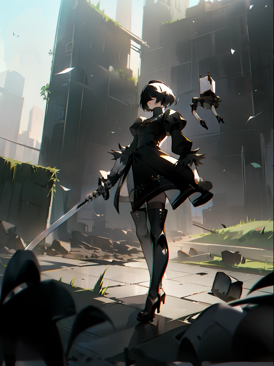 ​masterpiece、top-quality、Fine face、superfine、Yorha No. 2 type b, 1girl, solo, absurdres, 8k, Black blindfold, Black dress, Black Hair Band, blindfolds, highlight, blue-sky, boots, buliding, street, ​​clouds, covered eye, rubble, doress, Feather trim sleeves, Feather trim, frombelow, gloves, grassy, shairband, high heels boots, high-heels, Hi-Res, juliet sleeves, katanas, razor, Leather boots, long-sleeve, Nier D. Series, plein air, high-heels, Hi-Res、 juliet sleeves, katanas, razor, Leather boots, long-sleeve, nier \(series), nier automata, plein air, overgrown, pod \(nier automata), Post-apocalypse, puddles, puff sleeves, rubble, ruins, landscapes, Skysky, Thigh boots, Thigh thigh, thighhighs under boots, Eau, Shards of sparkling glass