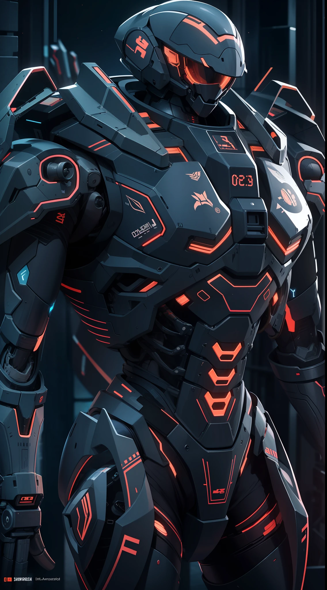 navy space Machine of battle suit in dark colors that has the ribs of a living being with glowing veins across the surface. The eva on its back a mixture of carapace, technology, and electronics. dramatic, best quality, real, super detailed, 8K,