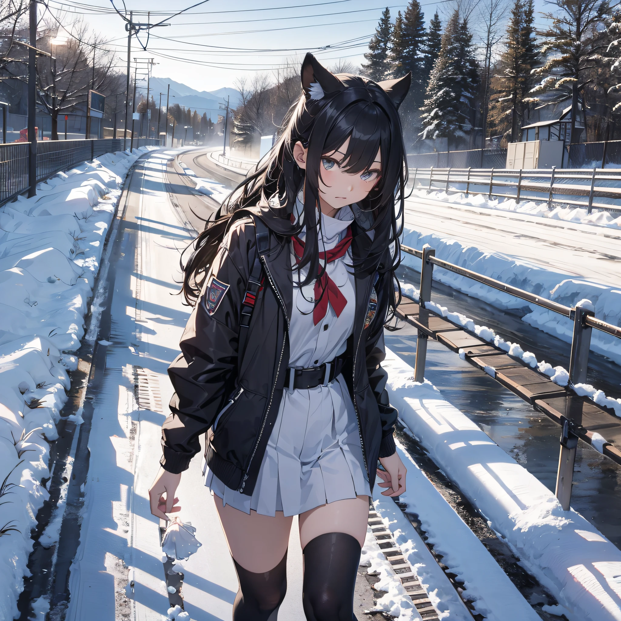 Ridiculous resolution，A high resolution，（tmasterpiece：1.4），hyper-detailing，On the course track，are standing，nevando，snowfield，A black-haired young woman dressed in a school costume，aggrieved look