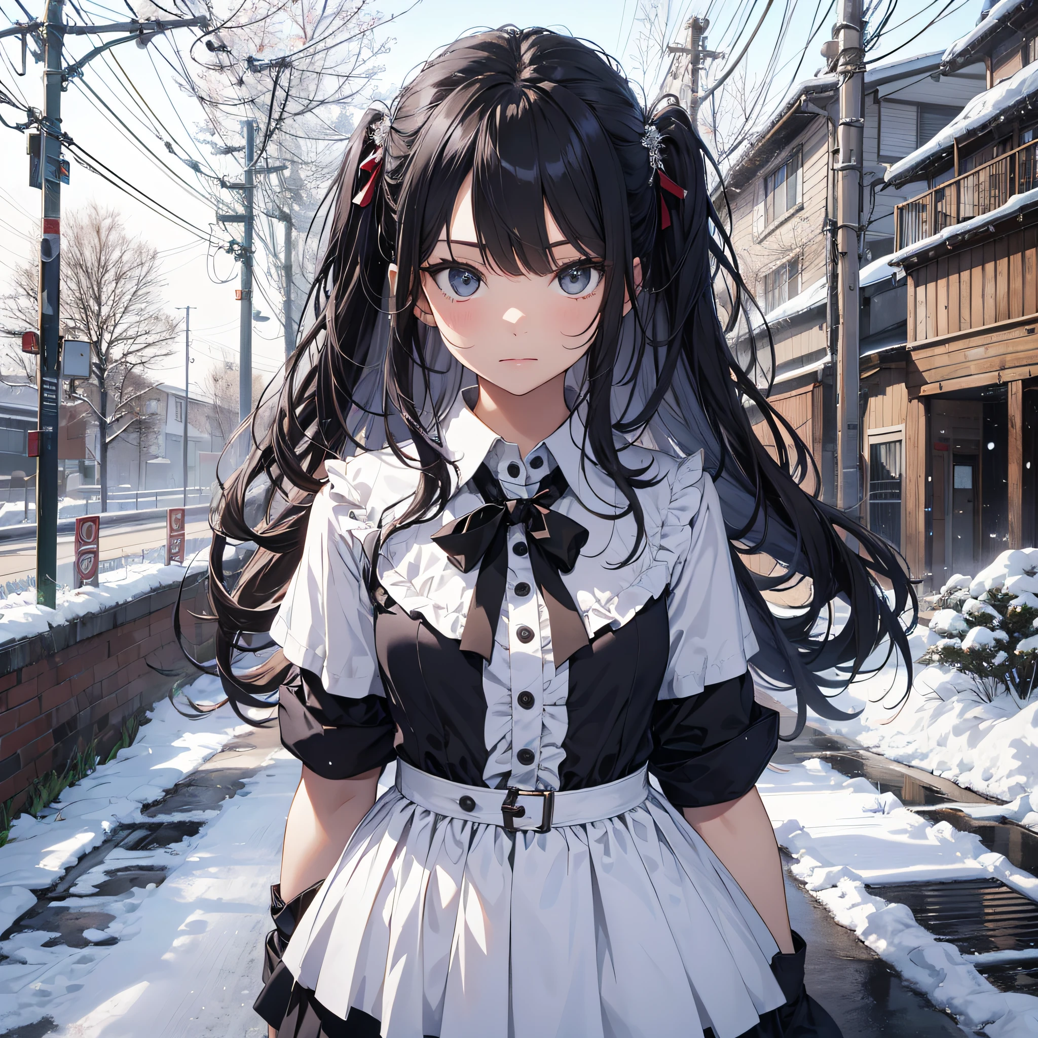 Ridiculous resolution，A high resolution，（tmasterpiece：1.4），hyper-detailing，On the course track，are standing，nevando，snowfield，A black-haired young woman dressed in a school costume，aggrieved look