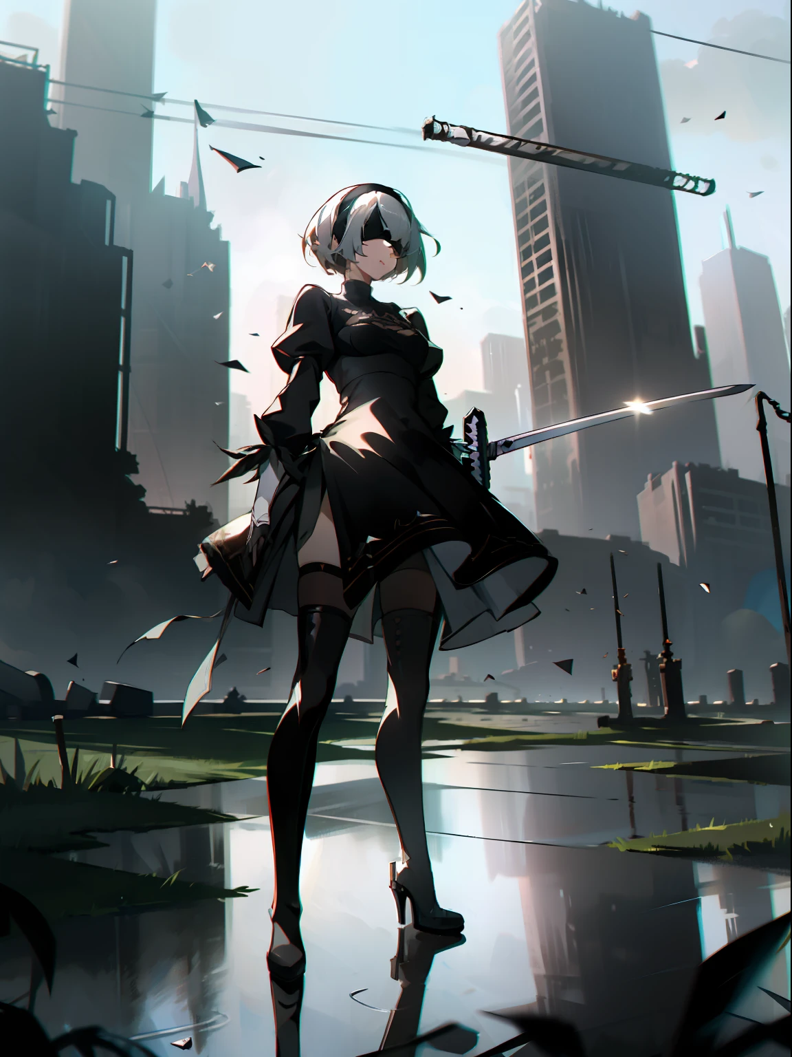 masterpiece, best quality, detailed face, extremely detailed, yorha no. 2 type b, 1girl, solo, absurdres, 8k, black blindfold, black dress, black hairband, blindfold, eye highlights blue sky, boots, building, city, cloud, covered eyes, debris, dress, feather-trimmed sleeves, feather trim, gloves, grass, hairband, high heel boots, high heels, highres, juliet sleeves, katana, leather, leather boots, long sleeves, nier \(series\), nier automata, outdoors, overgrown, pod \(nier automata\), post-apocalypse, puddle, puffy sleeves, rubble, ruins, scenery, sky, thigh boots, thighhighs, thighhighs under boots, water, Sparkling shards of glass