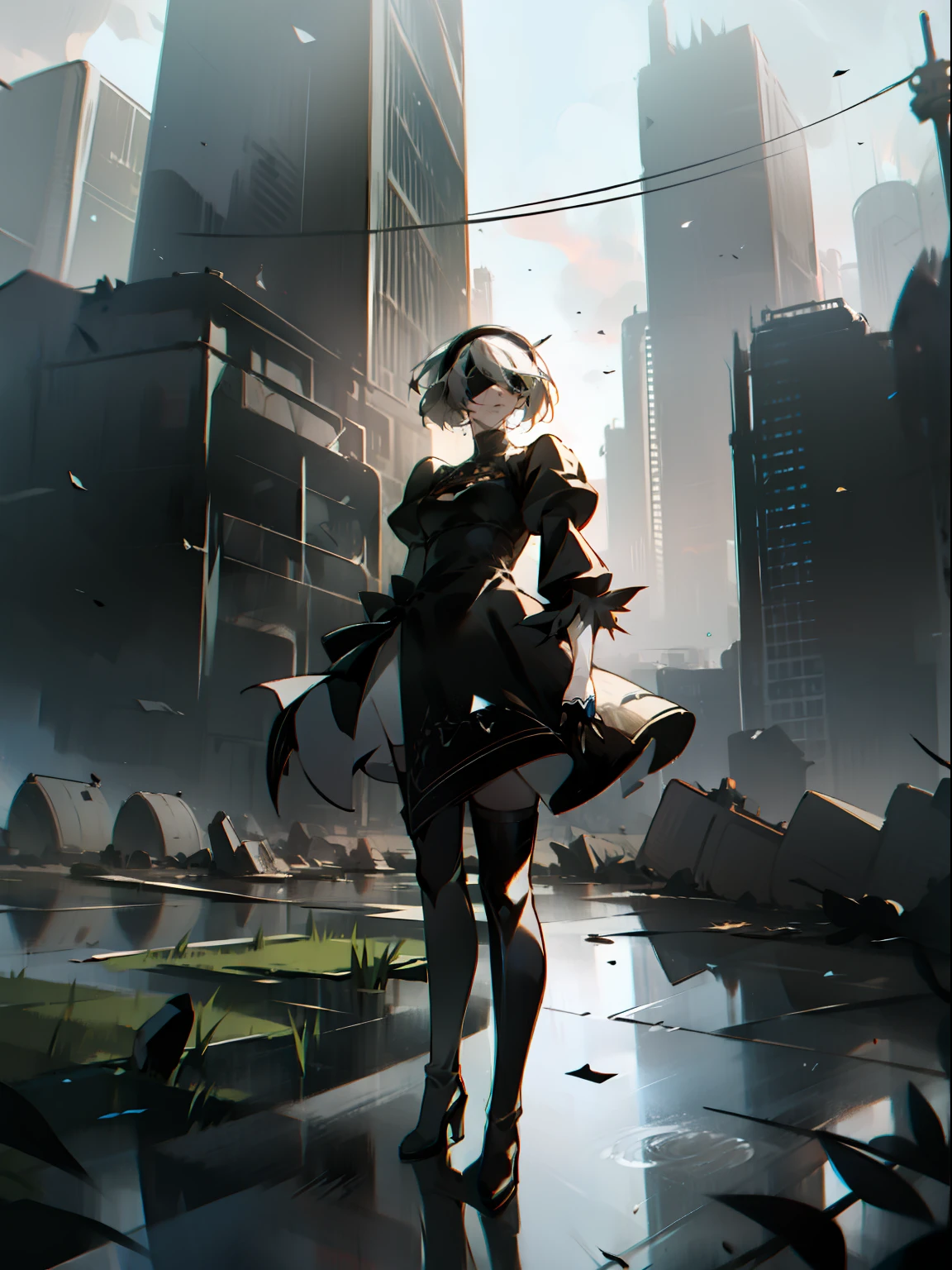 masterpiece, best quality, detailed face, extremely detailed, yorha no. 2 type b, 1girl, solo, absurdres, 8k, black blindfold, black dress, black hairband, blindfold, eye highlights blue sky, boots, building, city, cloud, covered eyes, debris, dress, feather-trimmed sleeves, feather trim, gloves, grass, hairband, high heel boots, high heels, highres, juliet sleeves, katana, leather, leather boots, long sleeves, nier \(series\), nier automata, outdoors, overgrown, pod \(nier automata\), post-apocalypse, puddle, puffy sleeves, rubble, ruins, scenery, sky, thigh boots, thighhighs, thighhighs under boots, water, Sparkling shards of glass