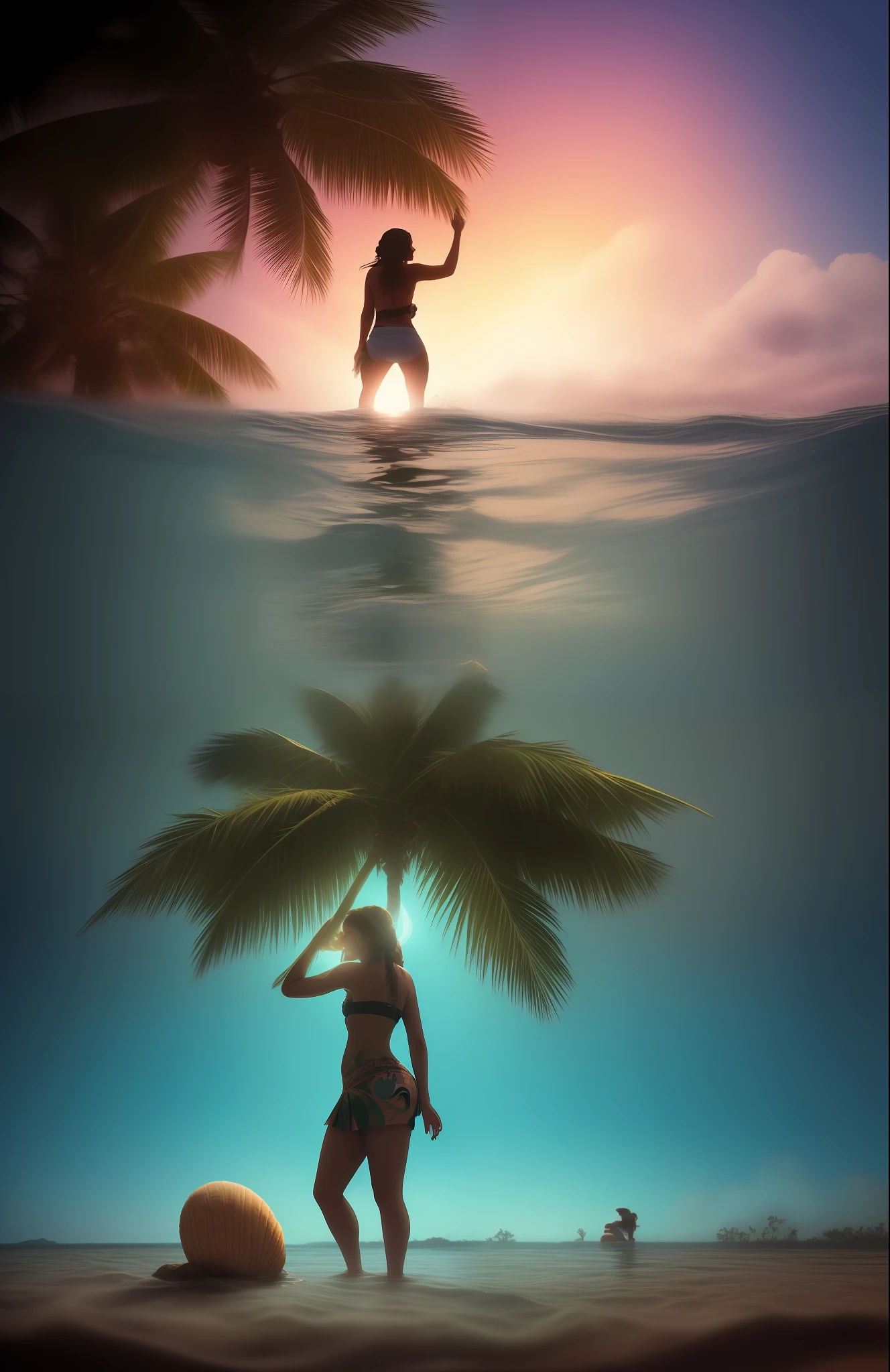 epic movie poster, volcano erupting, award winning (full body:1.3) portrait photo of a (moana:1.2), (seashell bikini:1.2), (water goddess:1.2), tribal tattoos, (wading:1.2) in the pacific (ocean:1.1), arms behind head, (partially submerged shot:1.2), (waves:0.9), desert island background, palm trees, beach,fluffy clouds in the sky, outrun, vaporware, trending on artstation, highly detailed, fine detail, intricate, (lens flare:0.9), (backlighting:0.9), (bloom:0.9), [Style-Micro::10]