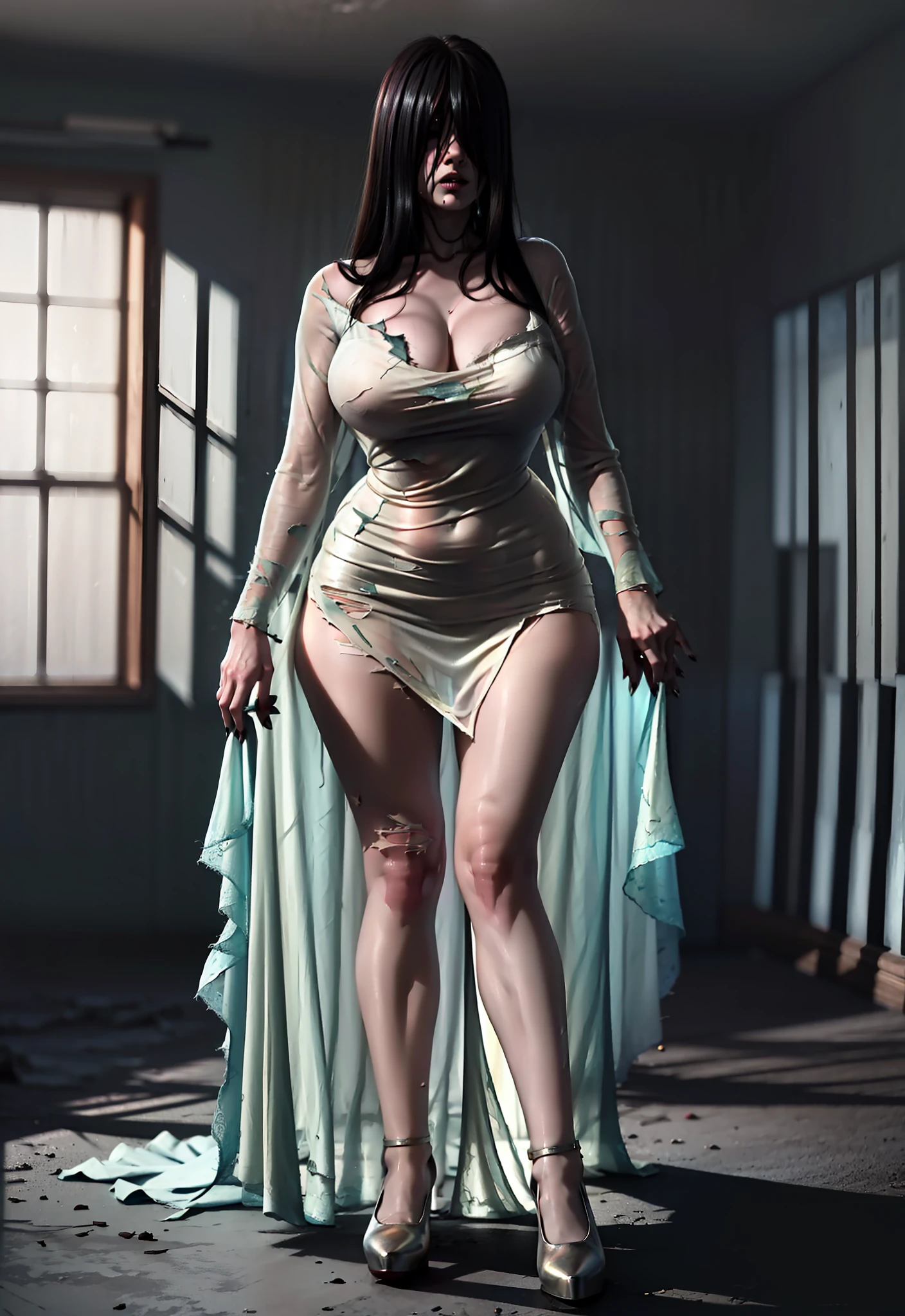 Realistic Japan horror movie taste images, masutepiece, (Best Quality), (absurdness quality), High resolution, 32K, (Photorealistic:1.4), Black hair, {{{Ultra-realistic photos of mountain villages_Sadako}}}, (((torn, Sheer dress))), {{{Long hair above the eyes, eyes covered, Face hidden in long hair}}}, Spooky Ghost Woman, Messy abandoned house, Dark atmosphere, Super huge cleavage exposed from a light dress, Full body shot, in a panoramic view, Super big spilled out of a light dress,