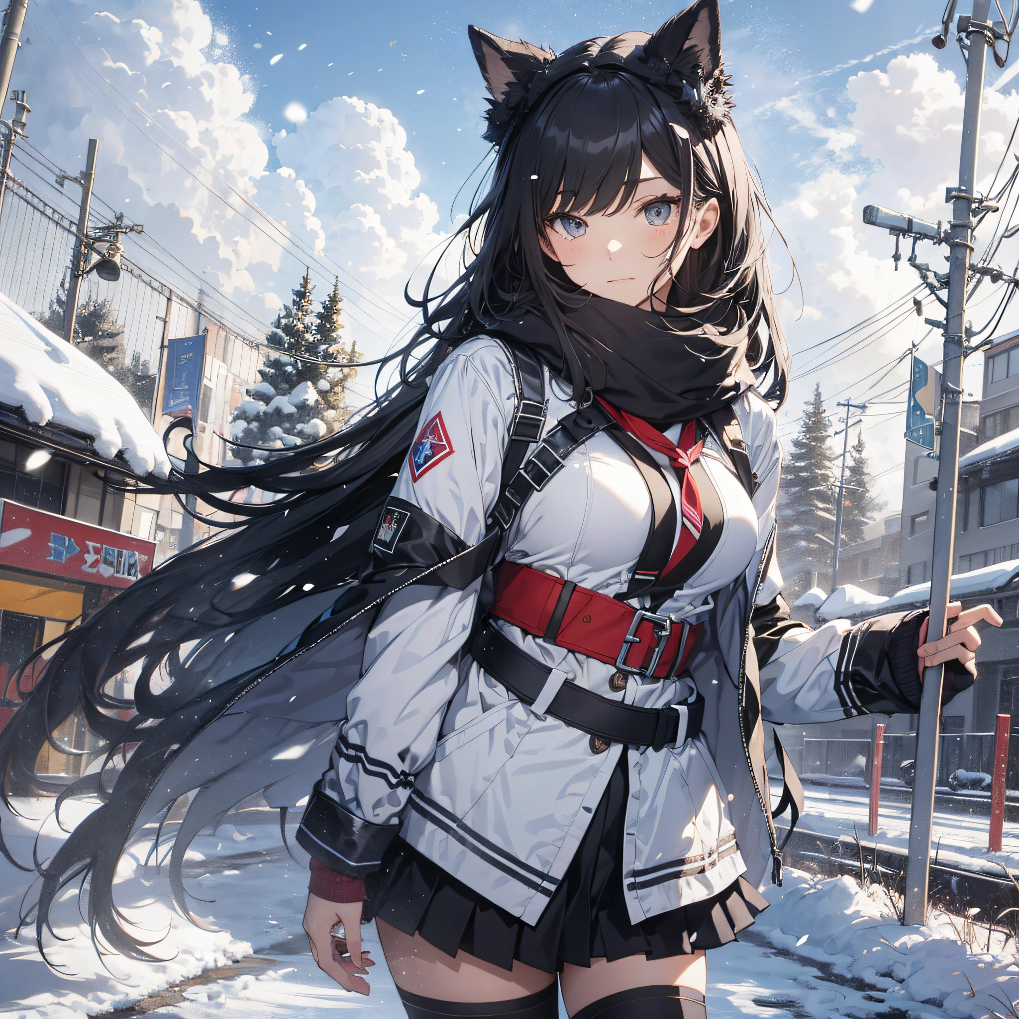 Ridiculous resolution,A high resolution,(tmasterpiece:1.4),hyper-detailing,On the course track,are standing,nevando,snowfield,A black-haired young woman dressed in a school costume,aggrieved look