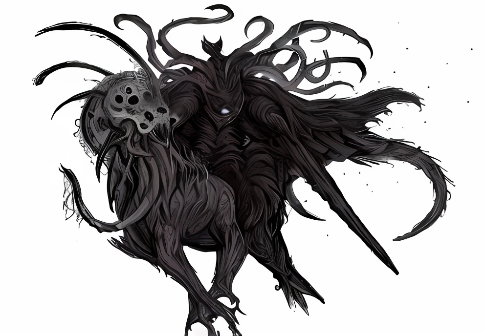 Close-up of a black and white drawing of a demon, chtulhu, Azathoth, lovecraftian creature, penumbral shadowcreature, highly detailed dark art, Demonic creature, lovecraftian monster, Eldritch God, A giant ethereal creature, Cosmic horrible creature, Eldritch's Abomination, Nightmare creature, Lovecraft's backstory, A man on a horse, Knight on horseback