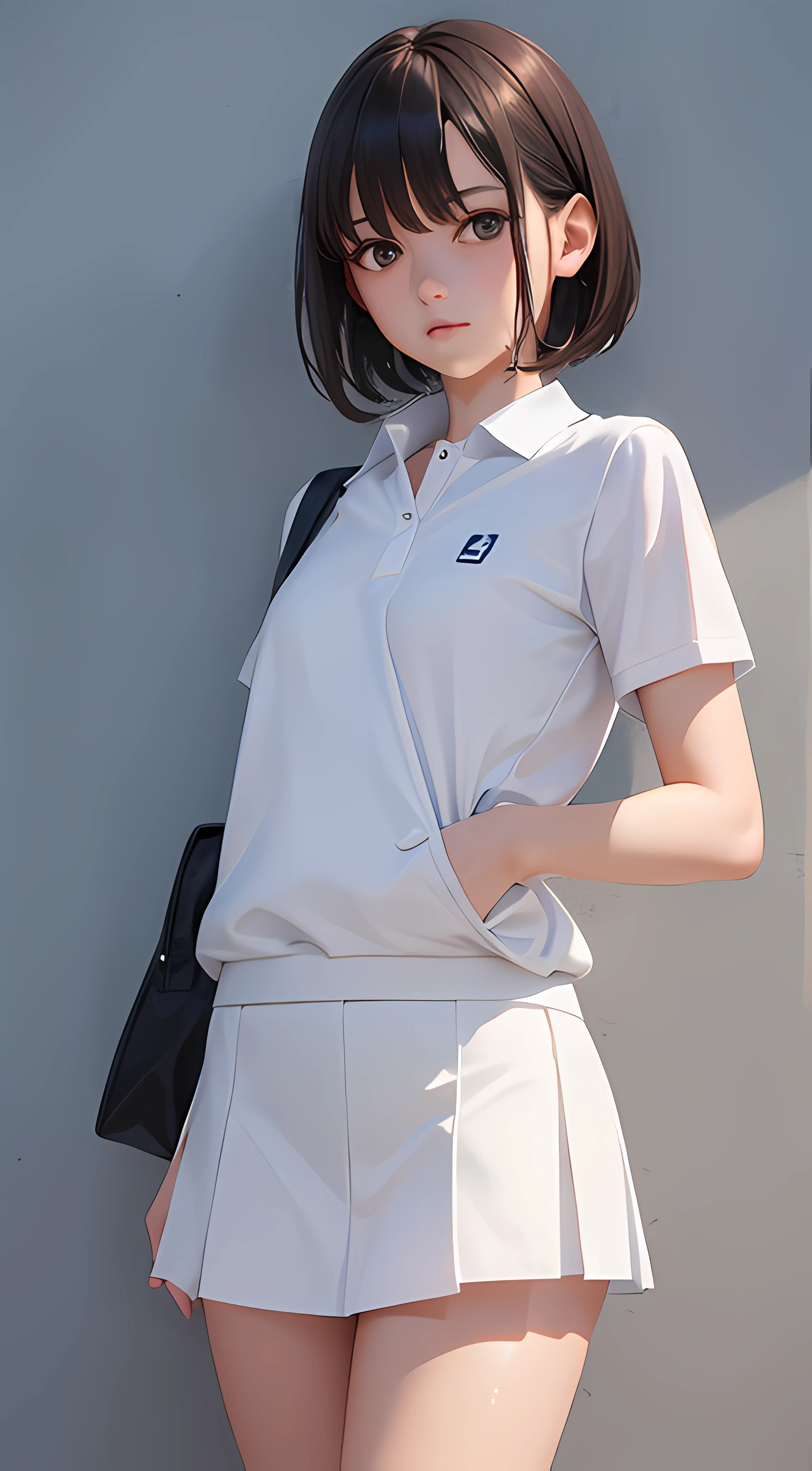 1girl, solo, white polo shirt, white sneakers, tennis wear, white mini skirt, masterpiece, best quality, realistic, super detailed, (shiny skin, sweating: 1.4), ridiculous, looking at the audience, short black hair, brown eyes, slender, dynamic light and shadow, high resolution, sharp focus, depth of field, fine eyes, sharp pupils, realistic pupils, (small chest: 1.8), (thigh thickness: 1.0), outdoor, sky