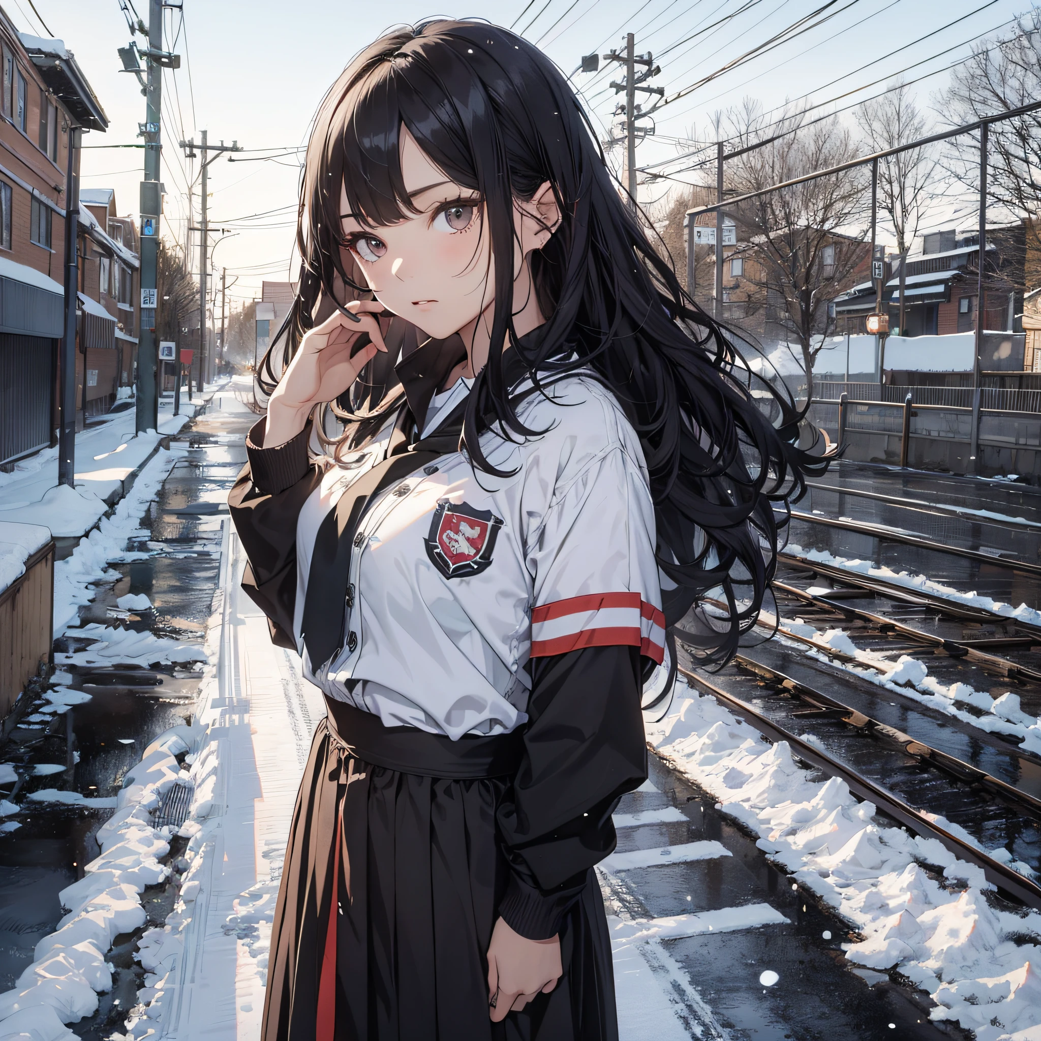 Ridiculous resolution，A high resolution，（tmasterpiece：1.4），Hyper-detailing，On the course track，are standing，nevando，snowfield，A black-haired young woman dressed in a school costume，aggrieved look