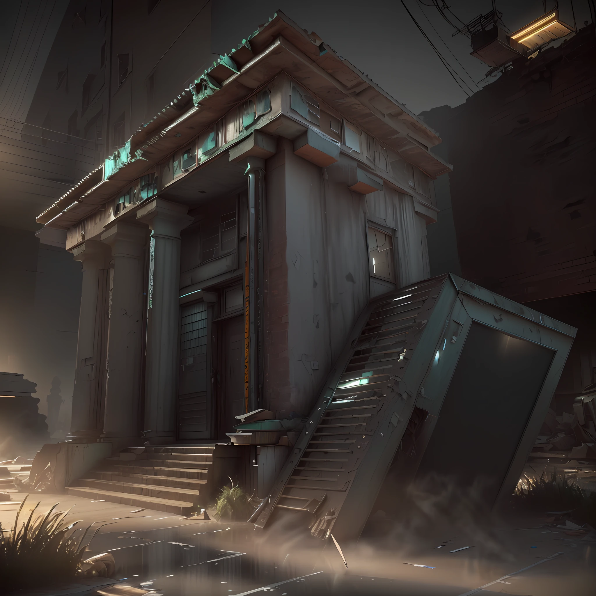 3D Model HD Rendering, Architectural Rendering, Right Angle Isometric View, 45 Degree Angle, (Gray Background), High Detail, Cinematic, Global Illumination, Realistic Lighting, Unreal Engine Rendering, Substance 3D, Octane Rendering, (HDR:1.3), (Cluttered Dilapidated Street Shops, All Over the Floor), Crash, Combat Damage Style, Overgrown