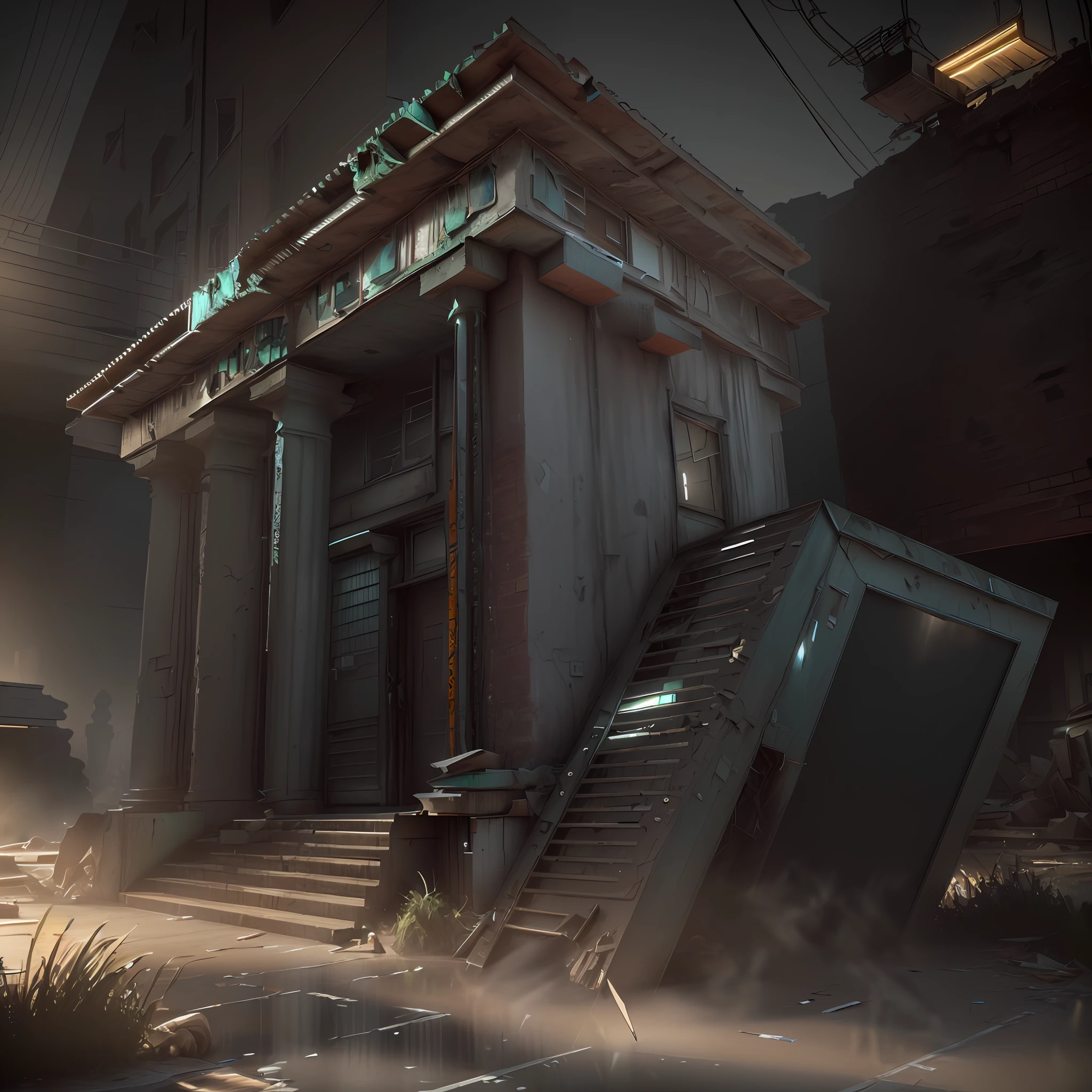 3D Model HD Rendering, Architectural Rendering, Right Angle Isometric View, 45 Degree Angle, (Gray Background), High Detail, Cinematic, Global Illumination, Realistic Lighting, Unreal Engine Rendering, Substance 3D, Octane Rendering, (HDR:1.3), (Cluttered Dilapidated Street Shops, All Over the Floor), Crash, Combat Damage Style, Overgrown