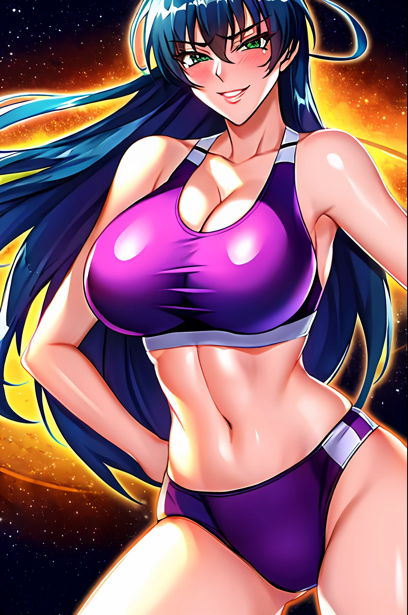 巨作, Best Quality, Asagi, 1girl, breasts, 独奏, perspiration, sports bra, big breasts, cleavage, Navel, midriff, smile, abs, toned, looking at the scenes, hand on hip, blush, massive breasts, blue hair, long hair, explosions, Hair between the eyes, green eyes