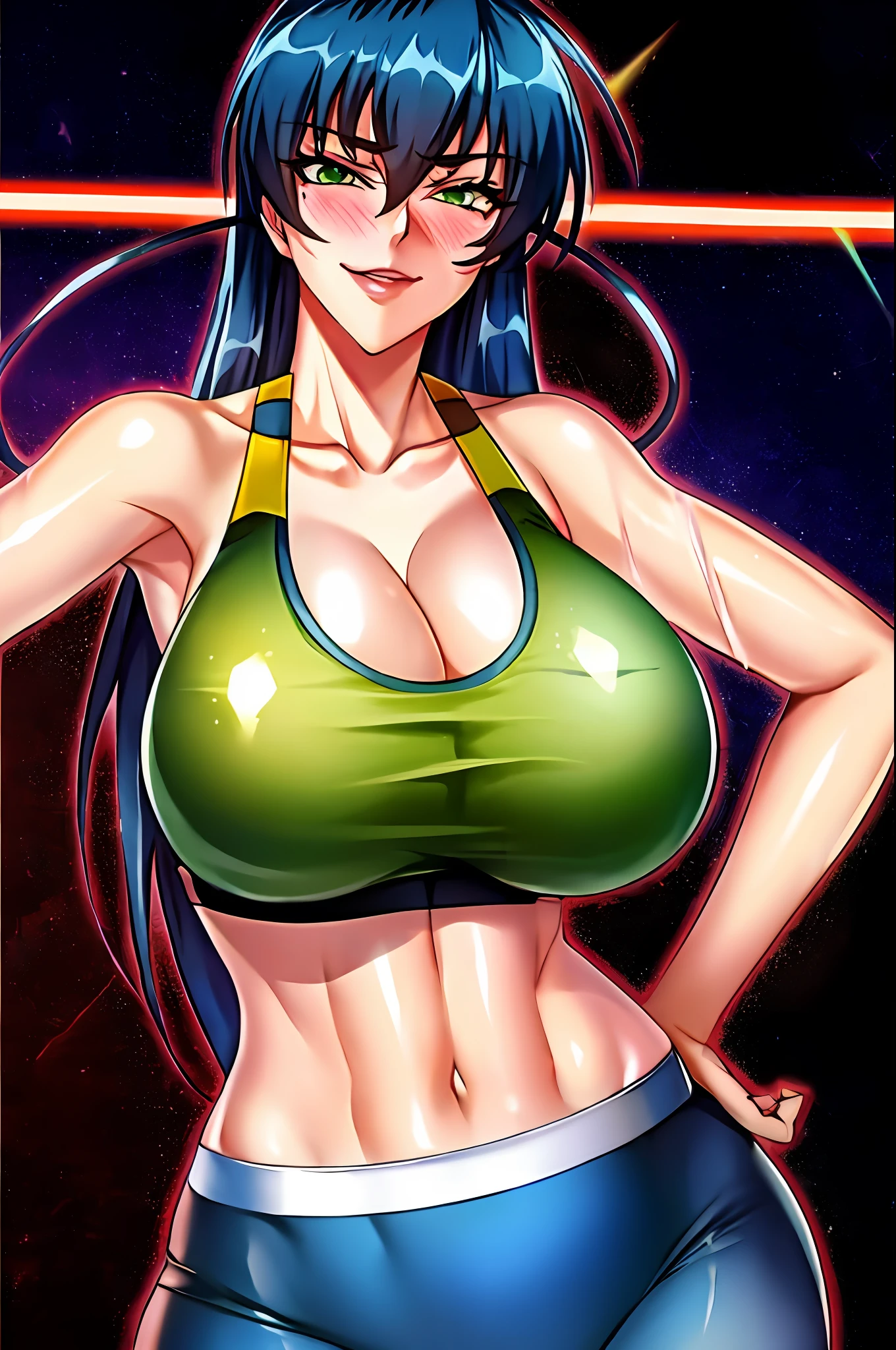 巨作, Best Quality, Asagi, 1girl, breasts, 独奏, perspiration, sports bra, big breasts, cleavage, Navel, midriff, smile, abs, toned, looking at the scenes, hand on hip, blush, massive breasts, blue hair, long  hair, explosions, Hair between the eyes, green eyes