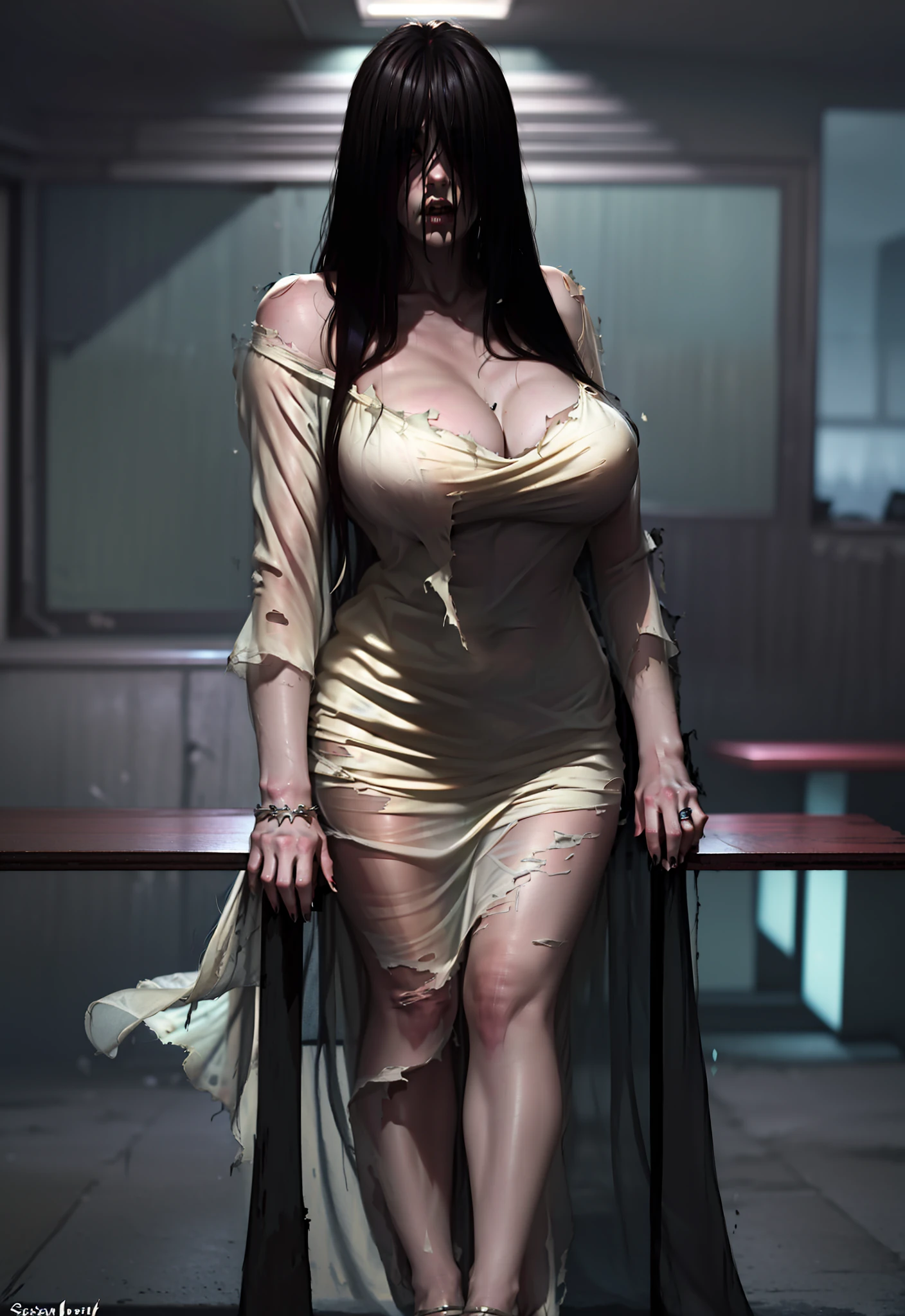 Realistic Japan horror movie taste images, masutepiece, (Best Quality), (absurdness quality), High resolution, 32K, (Photorealistic:1.4), Black hair, {{{Ultra-realistic photos of mountain villages_Sadako}}}, (((torn, Sheer dress))), {{{Long hair above the eyes, eyes covered, Face hidden in long hair}}}, Spooky Ghost Woman, Messy abandoned house, Dark atmosphere, Super huge cleavage exposed from a light dress, Full body shot, in a panoramic view, Super big spilled out of a light dress,