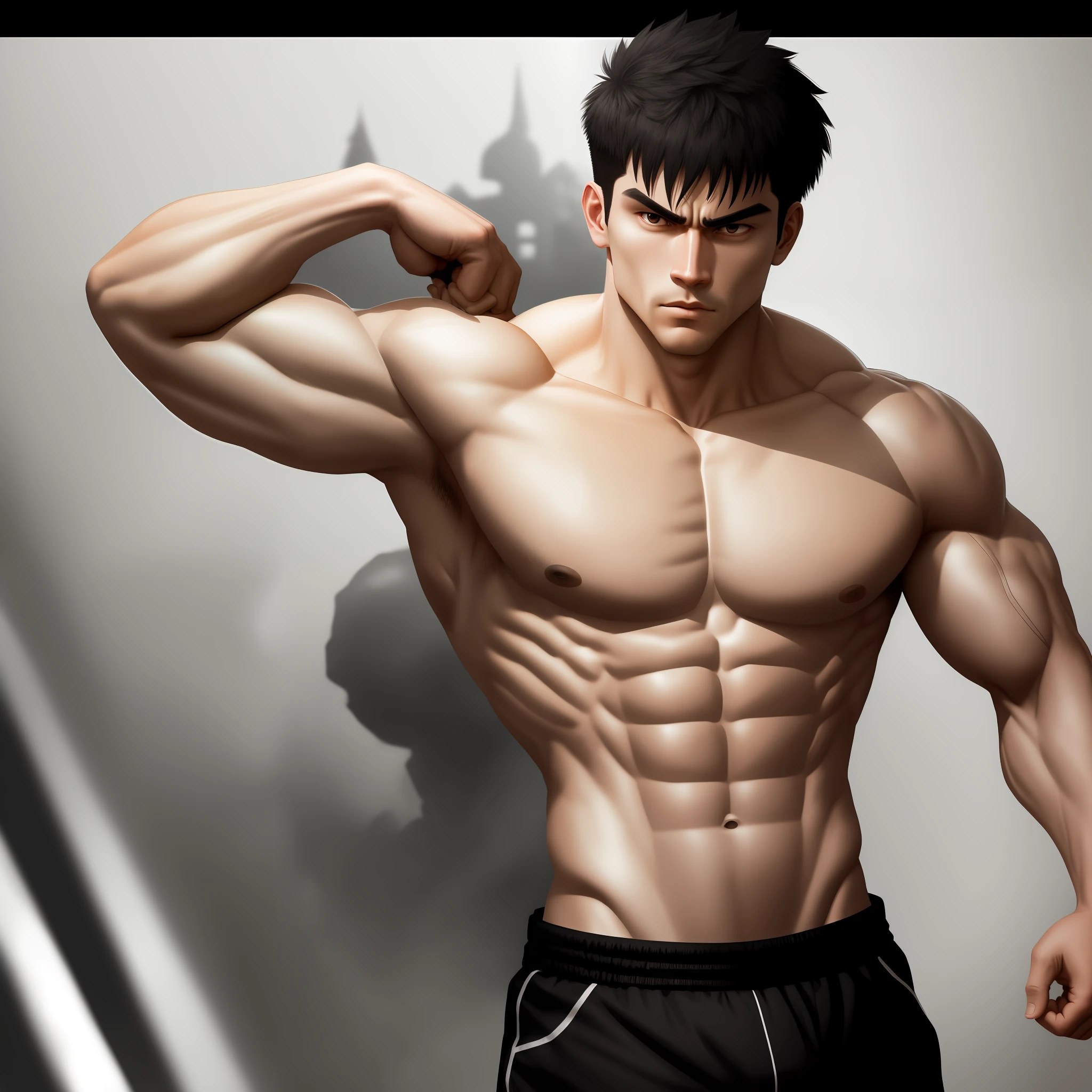 A strong man，White skin of the，Short black hair and brown eyes，fit-muscled body，bravery，Fight，Shota