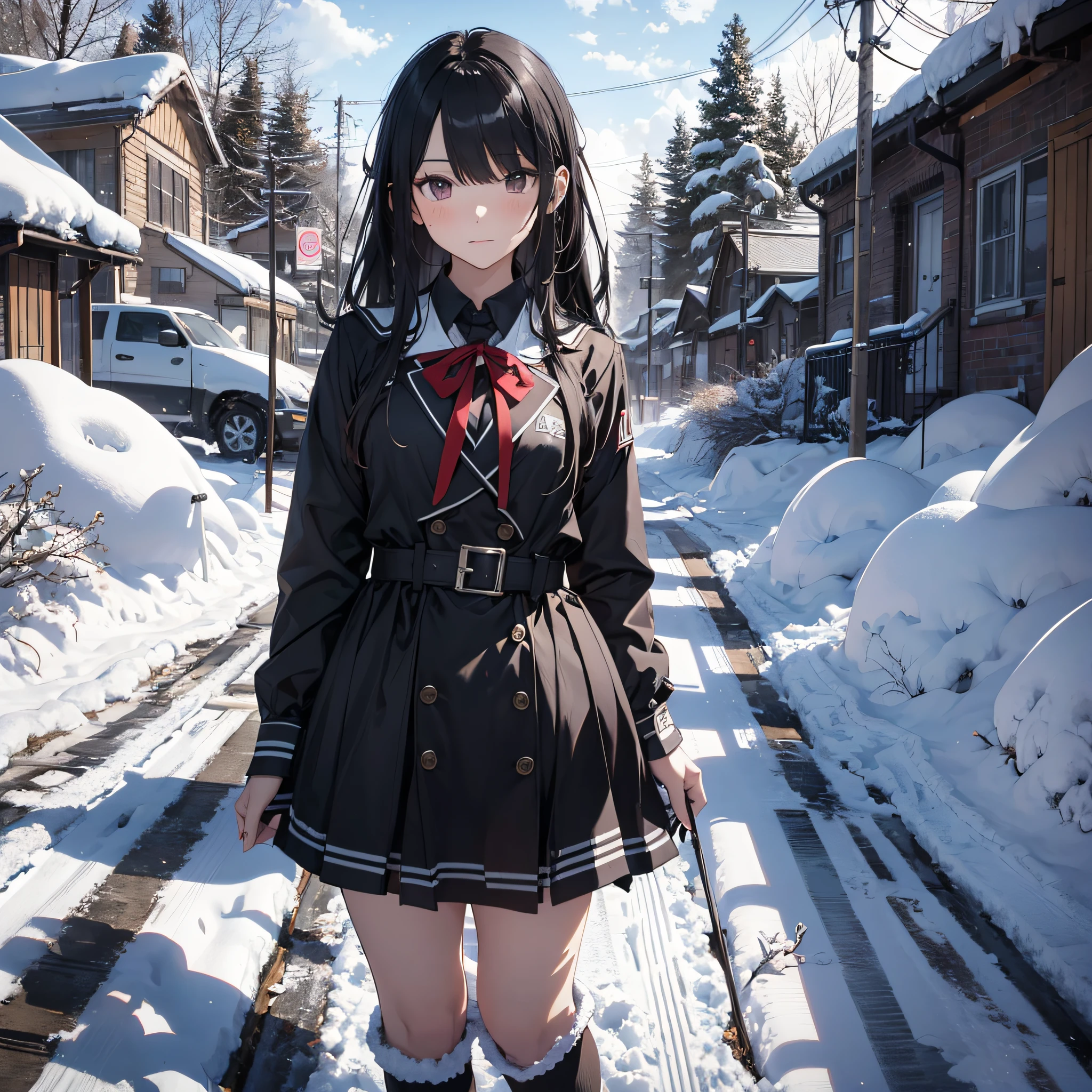 Ridiculous resolution,A high resolution,(tmasterpiece:1.4),Hyper-detailing,On the course track,are standing,nevando,snowfield,A black-haired young woman dressed in a school costume,aggrieved look