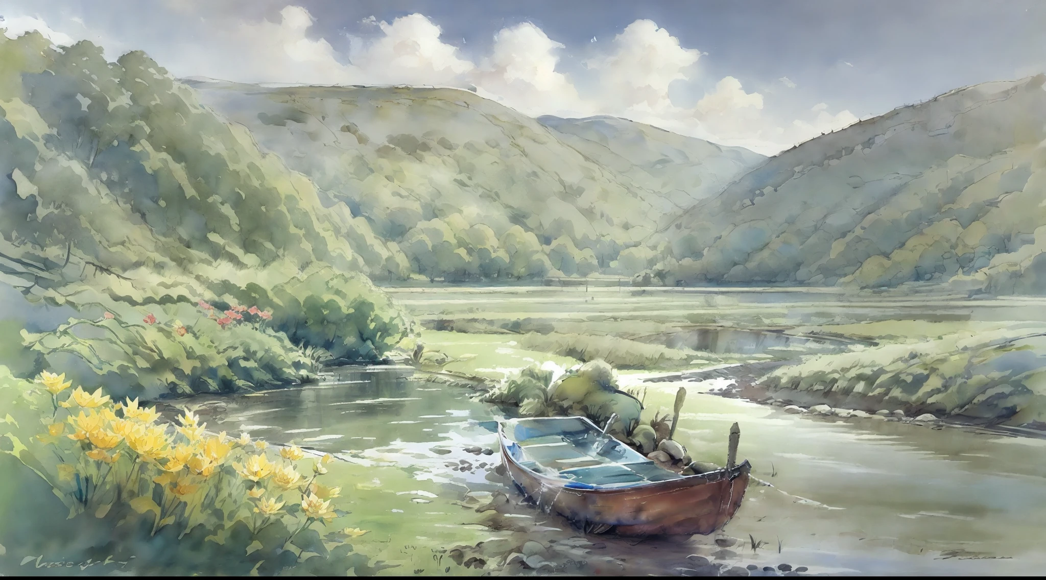 masterpiece, there is a boat,silence water, mountain background, grass, waterfall, lotus, dawn, (highly detailed), (realistic), vivid color, bright, deep shadows, dynamic light, colorwater