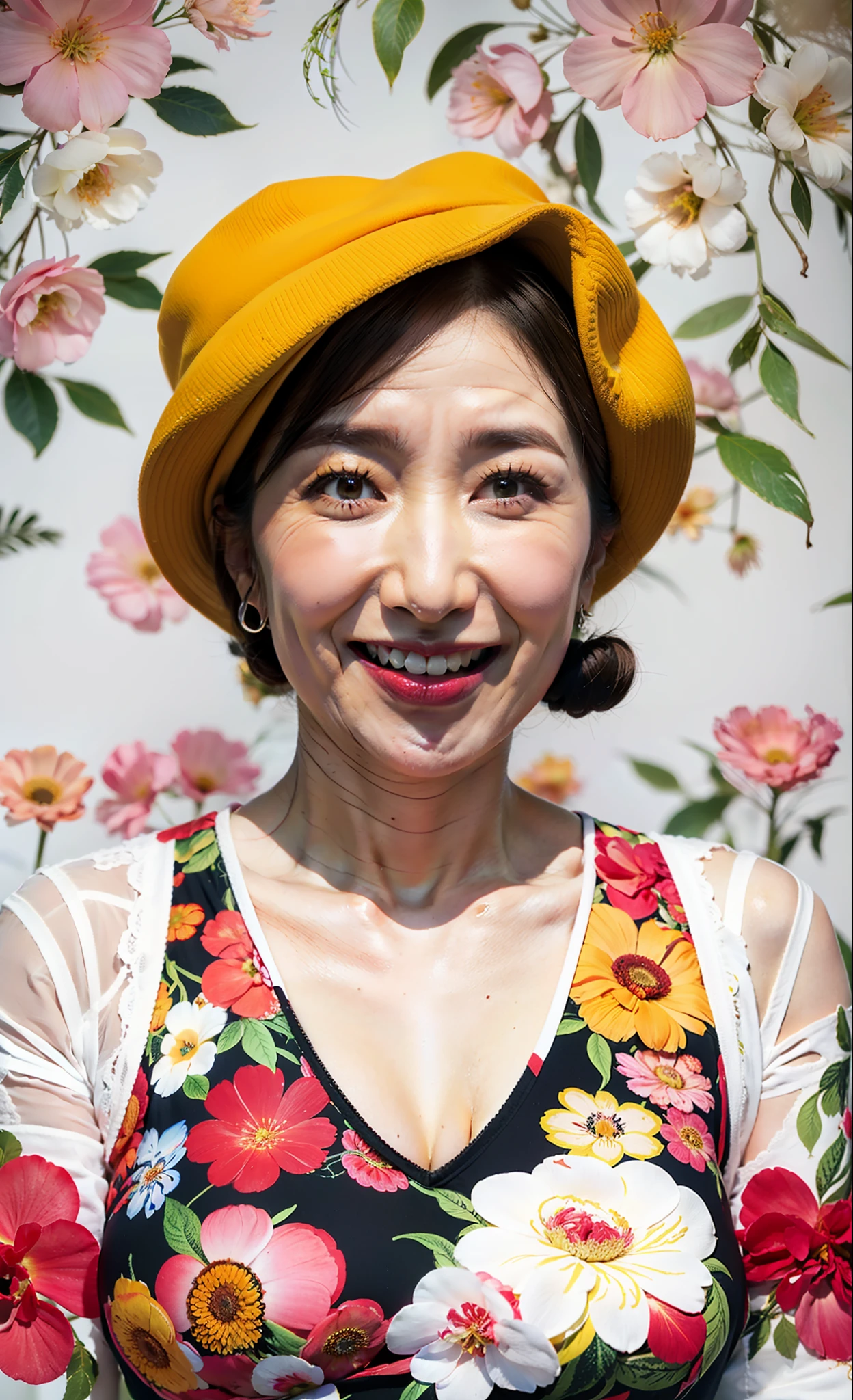 hight resolution, Original, (flat-colors:0.9),(colourfull:1.1),(masterpiece:1,2), top-quality, masterpiece, hight resolution, Original, highly detailed wallpaper, Viewer's Perspective, Solo, portlate, (A MILF), 70yo, Mature Woman Body Set, Exposing breasts, showing teeth, Detailed tongue, Detailed mouth, Staring at this, Floral background, undergarment, (Mature), Natural wrinkles, ultra-realistic, Natural skin, Natural hair color,