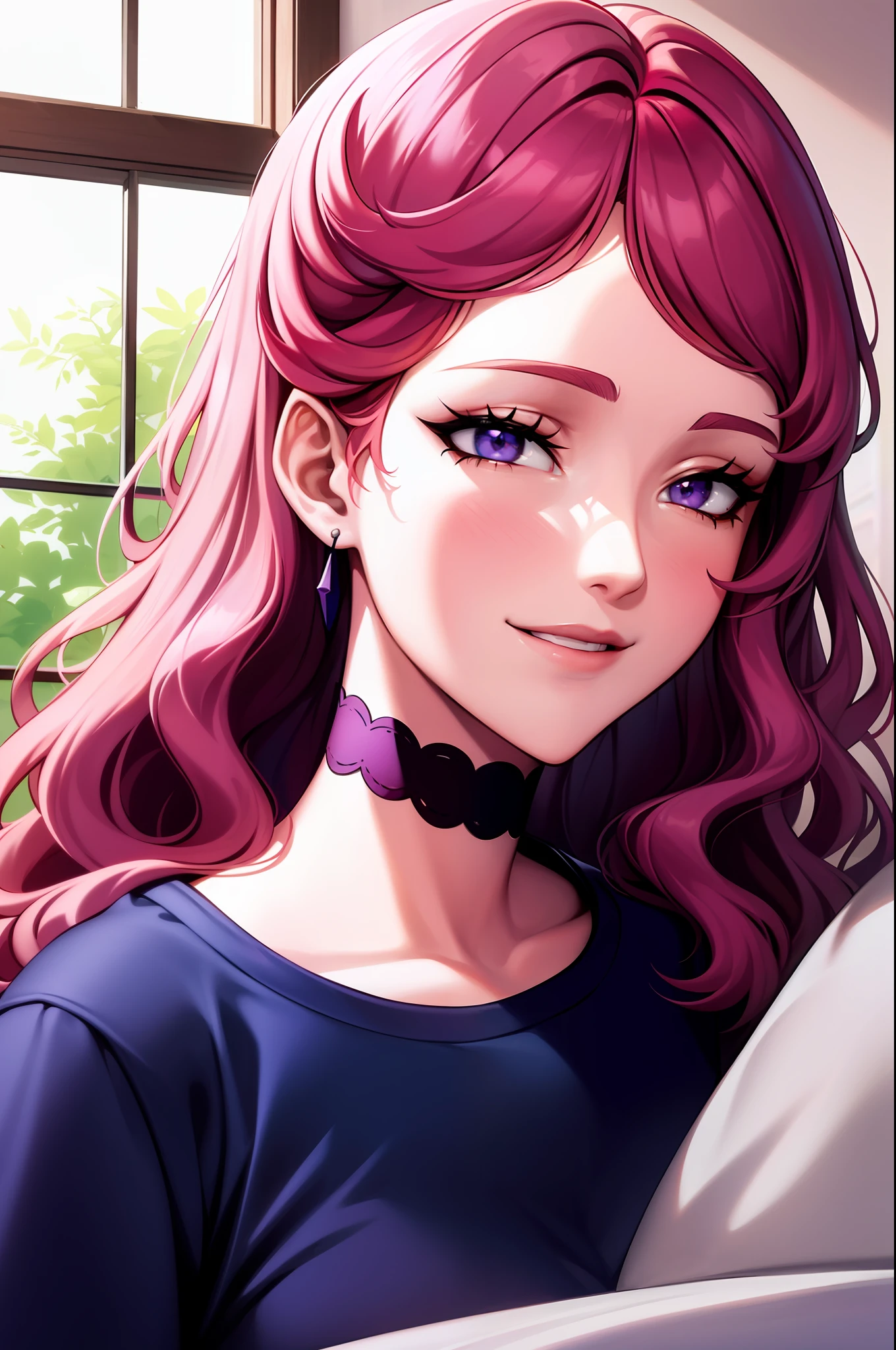 巨作, ((extremely detailed background, delicate pattern, complex details)), (A highly detailed, delicate details), Best Quality, ((medium  breasts, slim girl, Close -up, portrait)), ((complex detailed background, interior, Bedroom, a bed, Stylish interior design, window)), Vanessa V2, 1girl, long  hair, 独奏, Pink hair, earrings, purple eyes, smile, (White t-shirt, Simple T-shirt, jeans), choker,