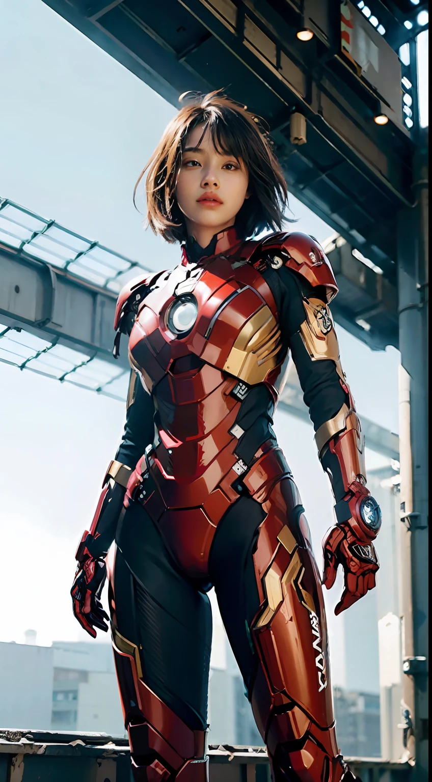 (1girl:1.3), solo,__body-parts__, official art, unity 8k wallpaper, ultra detailed, beautiful and aesthetic, beautiful, masterpiece, best quality, RAW, masterpiece, super fine photo,, best quality, super high Resolution, photorealistic, sunlight, full body portrait, stunningly beautiful,, dynamic pose, delicate face, vibrant eyes, (side view), she is wearing a futuristic Iron Man mech, red and gold, Highly detailed abandoned warehouse background, detailed face, detailed complex busy background, messy, gorgeous, milky, high detailed skin, realistic skin details, visible pores, sharp focus, volumetric fog, 8k uhd, dslr camera, High quality, film grain, fair skin, photorealism, lomography, sprawling metropolis in a futuristic dystopia, view from below, translucent