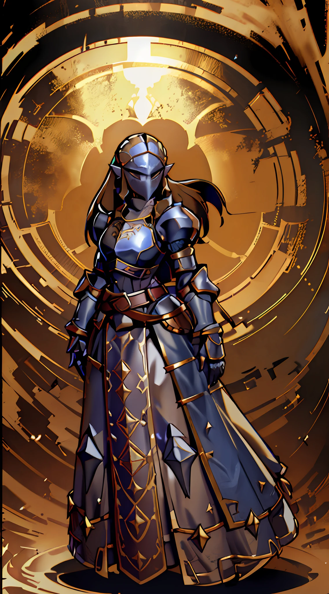 Botw Zelda wearing Heavy knight armor, Botw Themed Knight armor, Royal blue and gold armor, thick armor plating, Gold accents with brown straps, brown belt with gold accents, Heavy Blue armor, Armored dress, Large knight armor, form-fitting knight armor