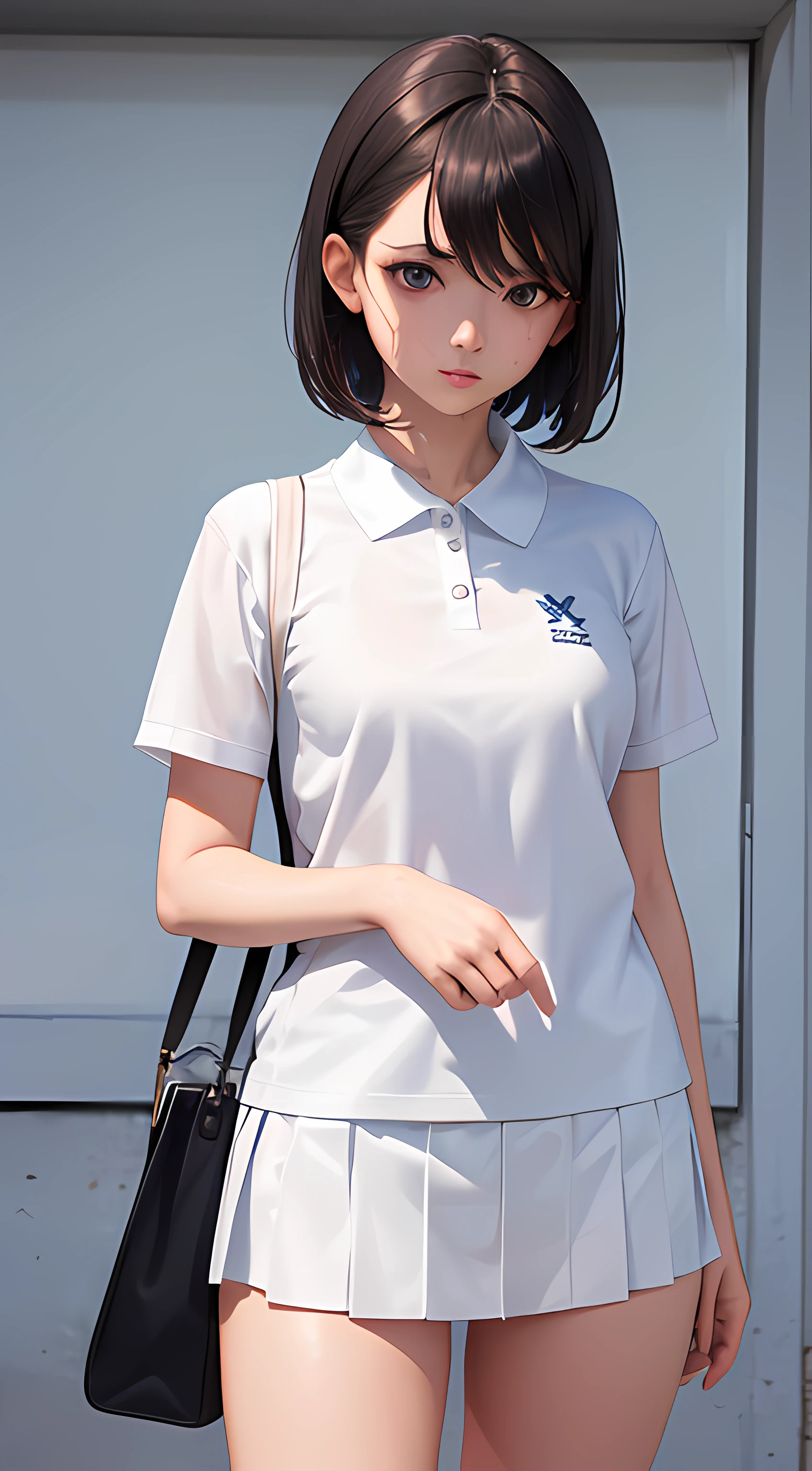 1girl, solo, white polo shirt, white sneakers, tennis wear, white mini skirt, masterpiece, best quality, realistic, super detailed, (shiny skin, sweating: 1.4), ridiculous, looking at the audience, short black hair, brown eyes, slender, dynamic light and shadow, high resolution, sharp focus, depth of field, fine eyes, sharp pupils, realistic pupils, (small chest: 1.8), (thigh thickness: 1.0), outdoor, sky