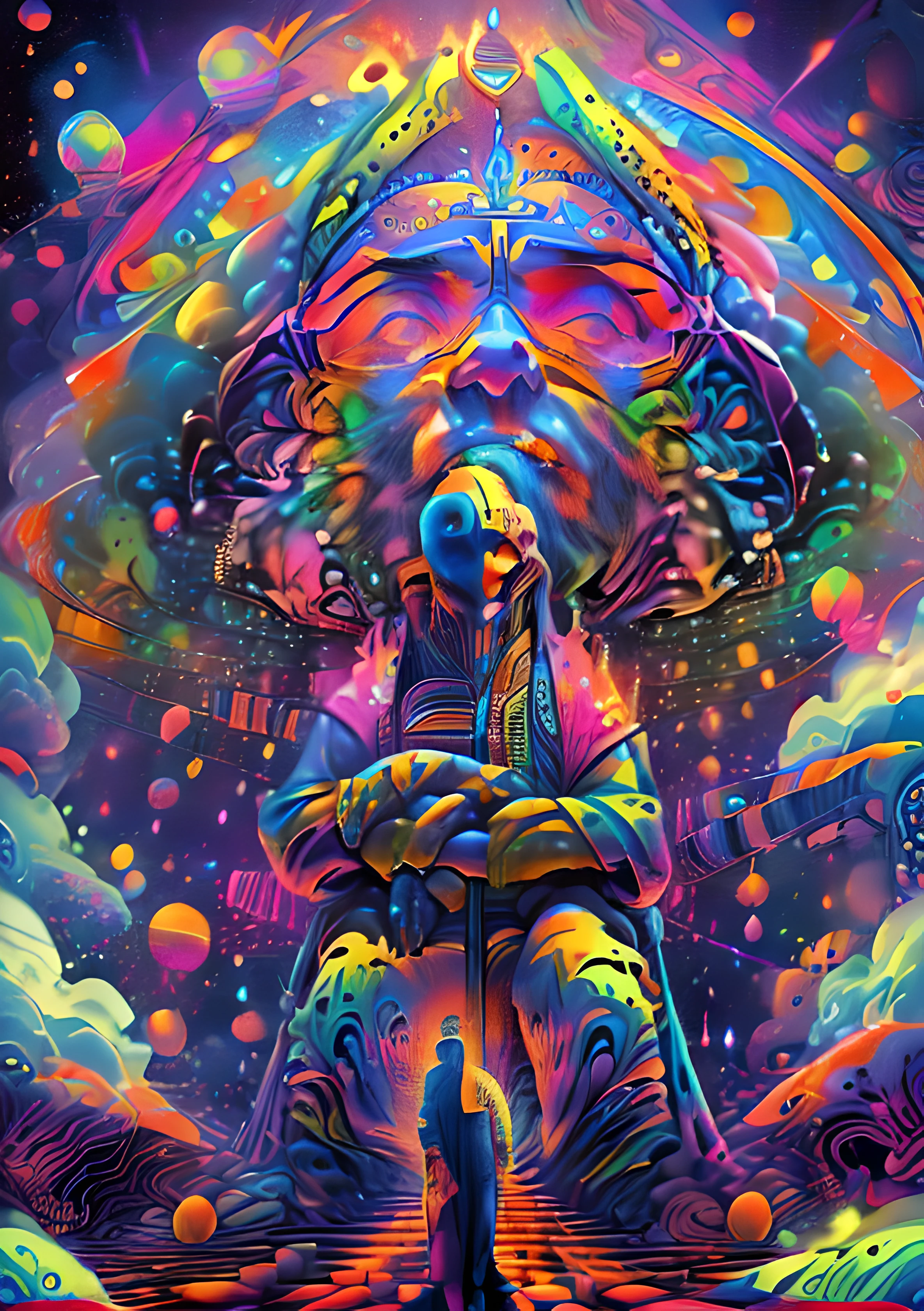 (High resolution, incredibly detailed, masterpiece), portrait of a mayan priest playing a huge synthesiser in the clouds, featuring fractal geometry in (vibrant colors:0.8), set against a (galactic background:1.2), bringing together complex, mesmerizing shapes and patterns,dmt ,fractal art,stars and galaxies