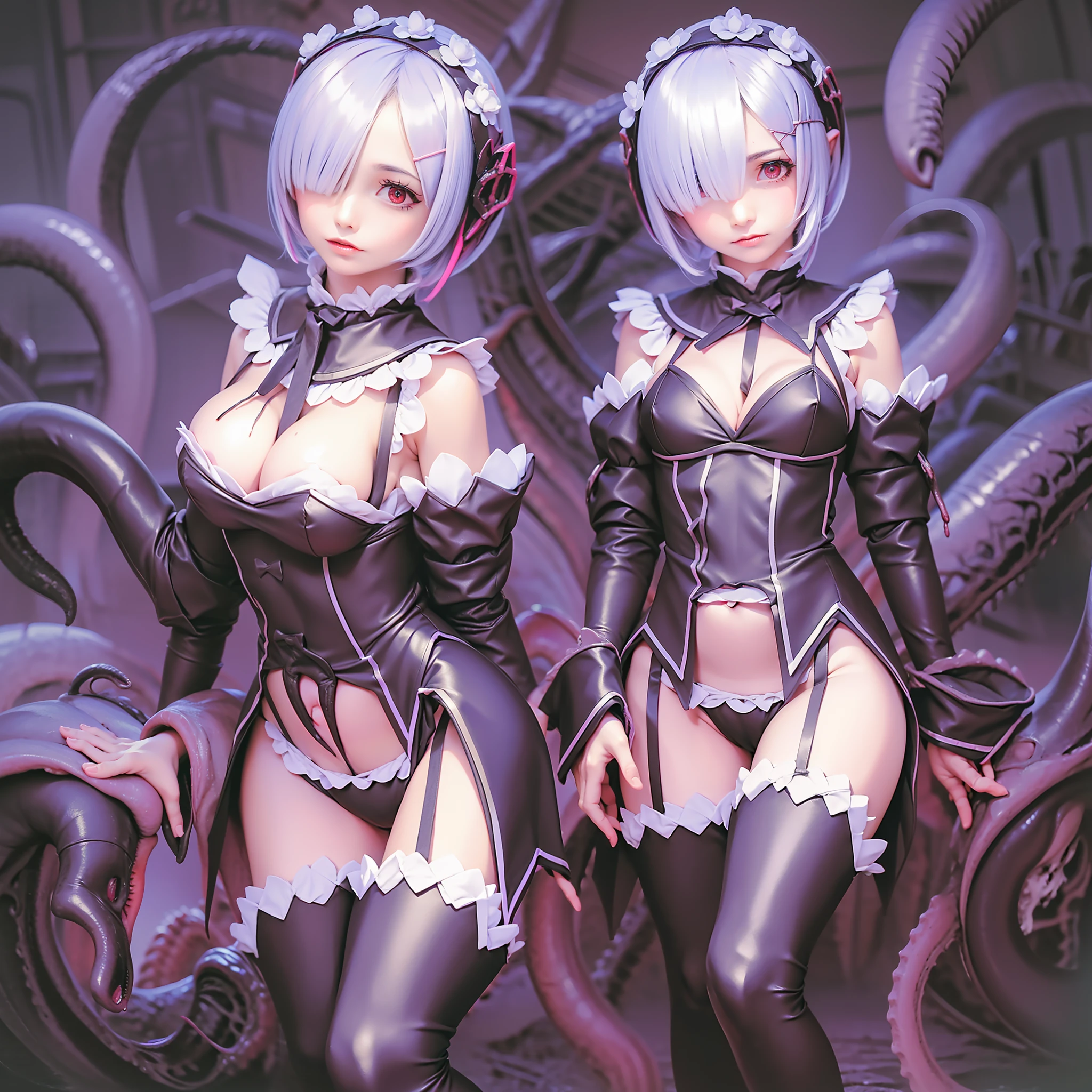 masterpiece, top-quality, Hi-Res, (((Ram(Re:Life in another world starting from scratch)))), (((((Evil Fall))))),(((((((Creatureization))))))), (((((Parasitized))))),(((((tentacle clothes))))), (((Leotard))), (Hollow eyes), (((Colossal tits))), (((neck tie))), (((1girl in))), ((独奏)), (((Standing picture))),A pink-haired, white thighhig, (((short-hair))), red eyes, Hair above one eye, ((frilld)), ((garter strap)),full-body view, Expressionless evil,Parasitic tentacles,Tentacle